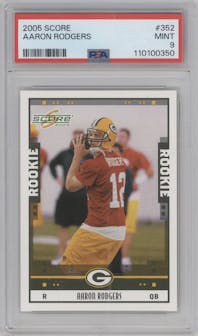 Aaron Rodgers from the 2005 Score set graded by PSA and given an overall grade of 9.