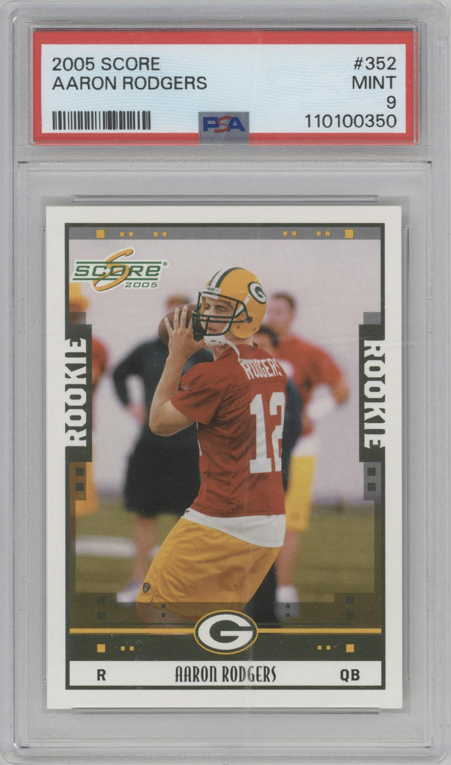 Aaron Rodgers from the 2005 Score set graded by PSA and given an overall grade of 9.