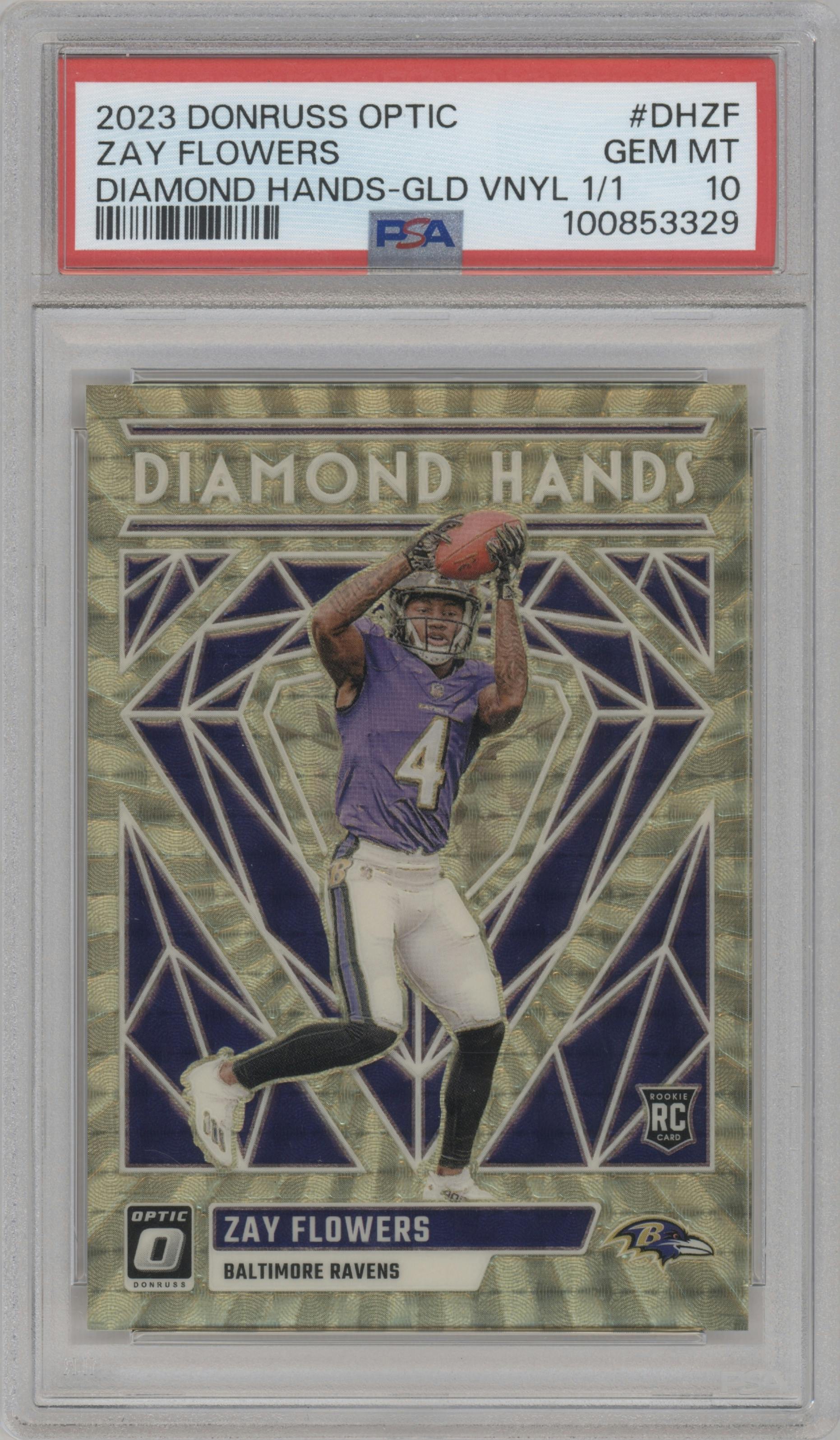 Zay Flowers from the 2023 Donruss Optic set featuring a Gold Vinyl  parallel graded by PSA and given an overall grade of 10.