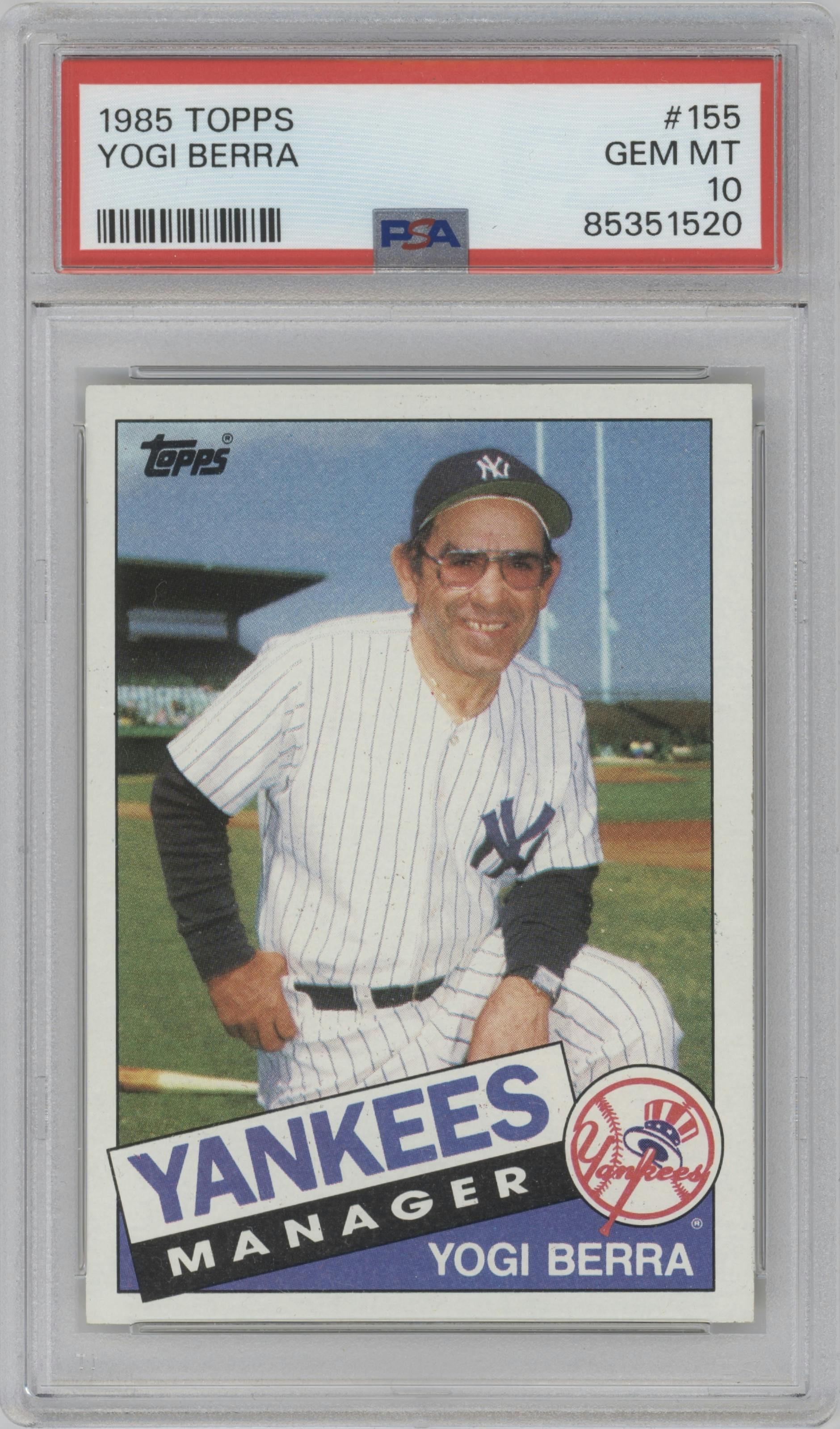 Yogi Berra from the 1985 Topps set graded by PSA and given an overall grade of 10.