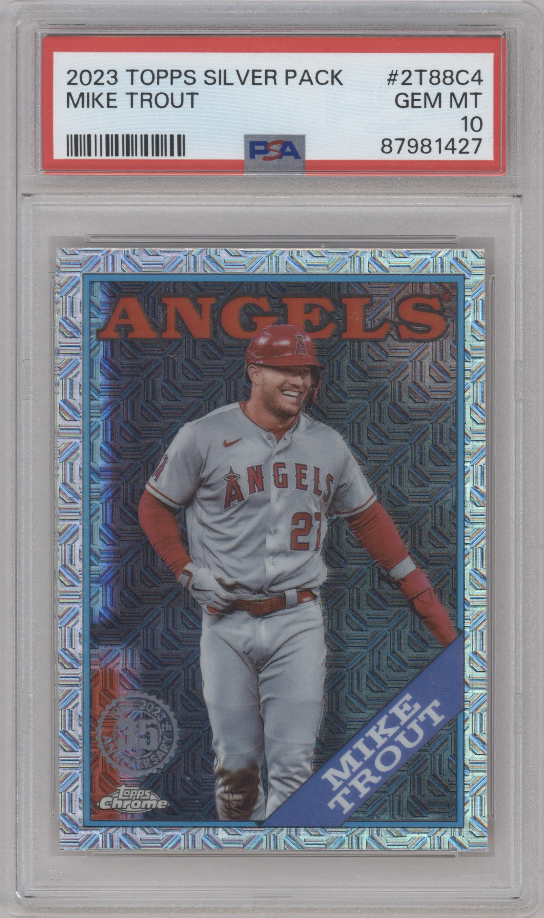 Mike Trout from the 2023 Topps Silver Pack set graded by PSA and given an overall grade of 10.