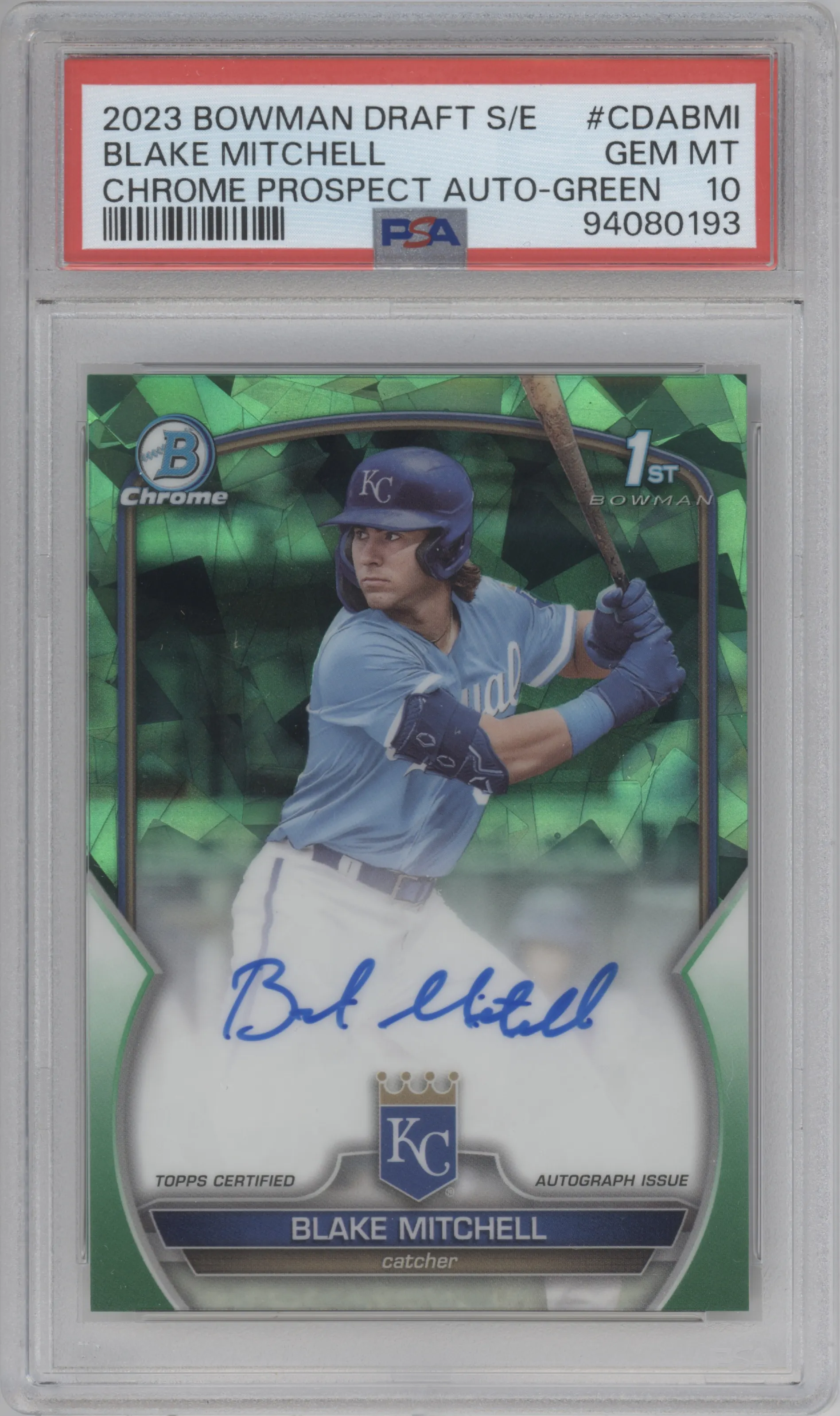 Blake Mitchell from the 2023 Bowman Draft Sapphire set featuring a Green parallel graded by PSA and given an overall grade of 10.