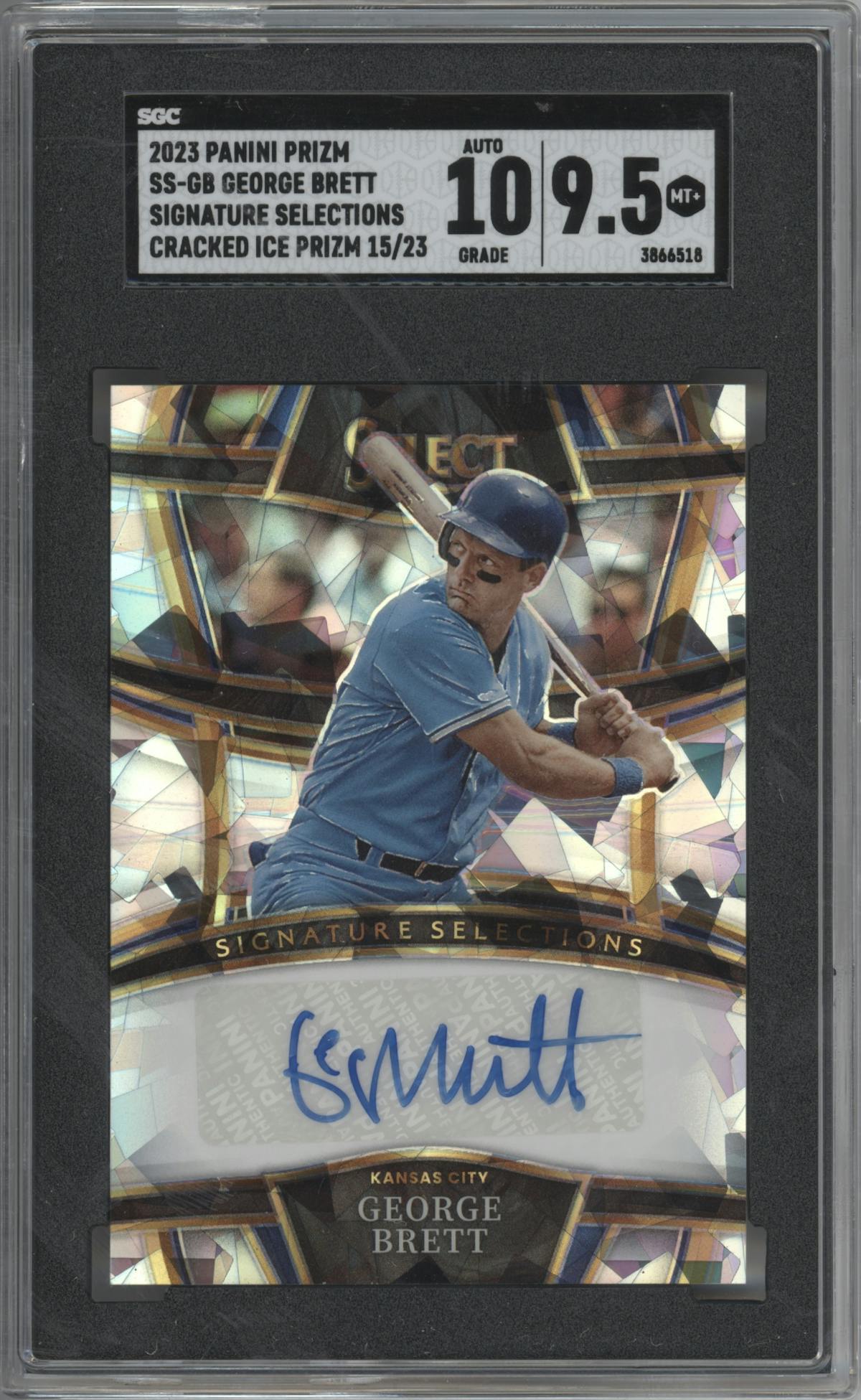 George Brett from the 2023 Panini Select set featuring a Cracked Ice parallel graded by SGC and given an overall grade of 9.5.