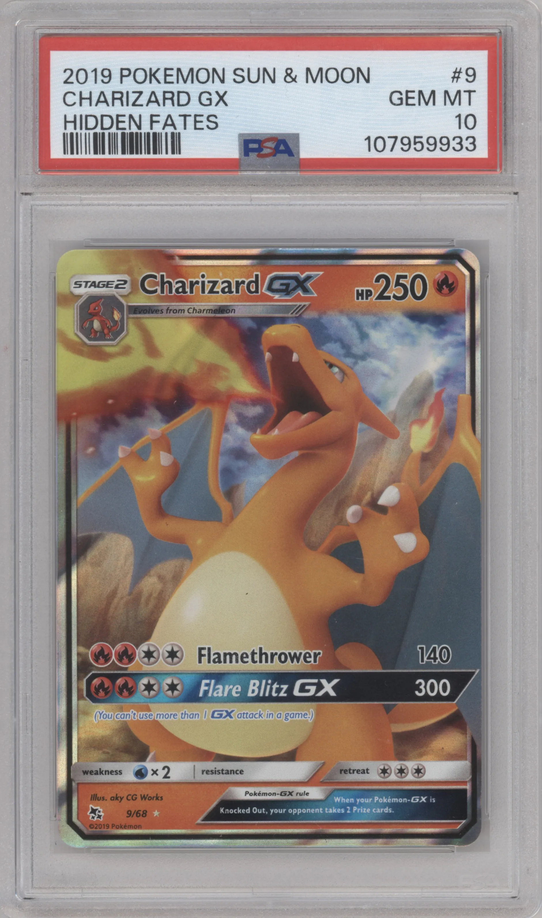 Charizard GX from the 2019 Pokemon S&M  set graded by PSA and given an overall grade of 10.