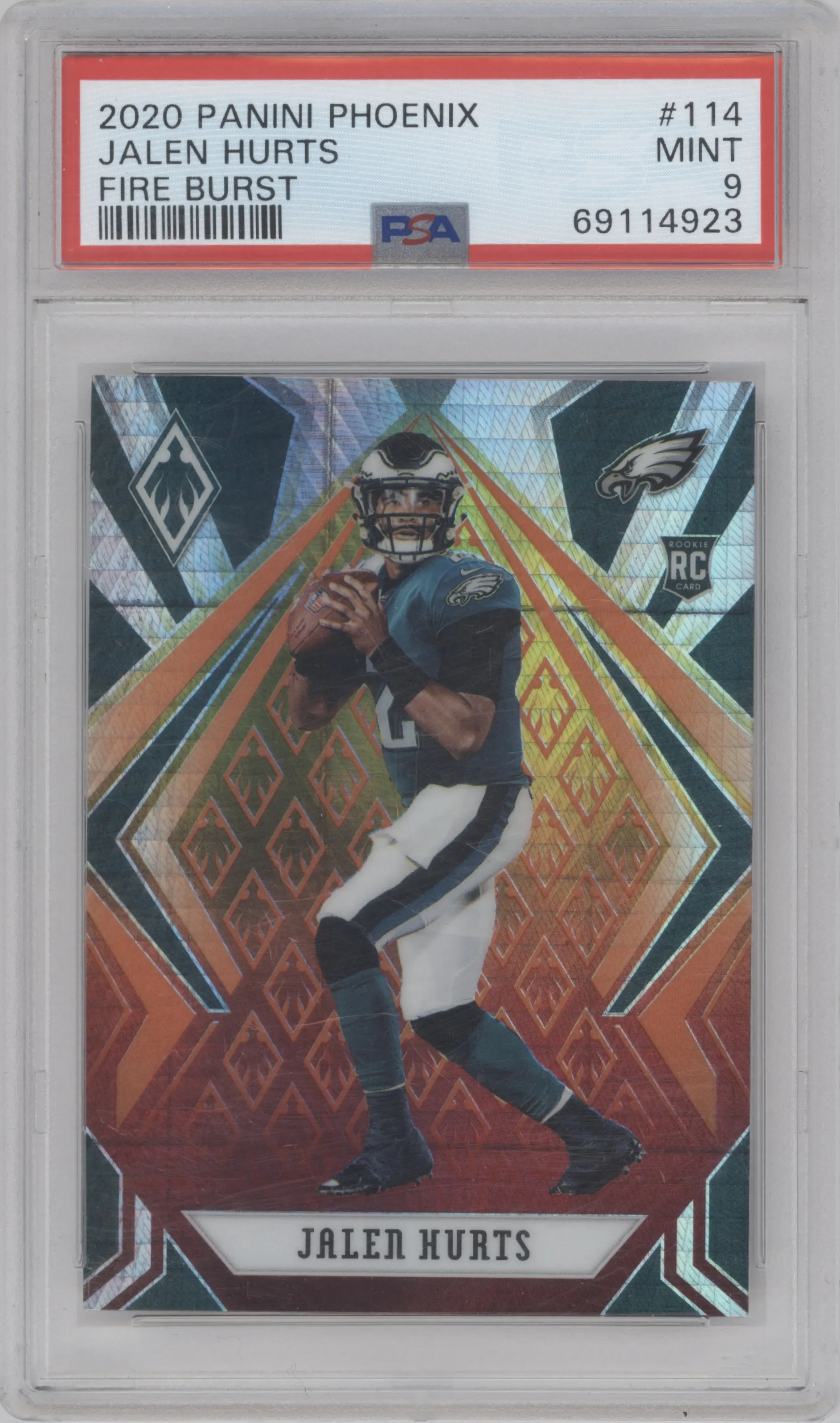 Jalen Hurts from the 2020 Panini Phoenix set featuring a Fire Burst parallel graded by PSA and given an overall grade of 9.
