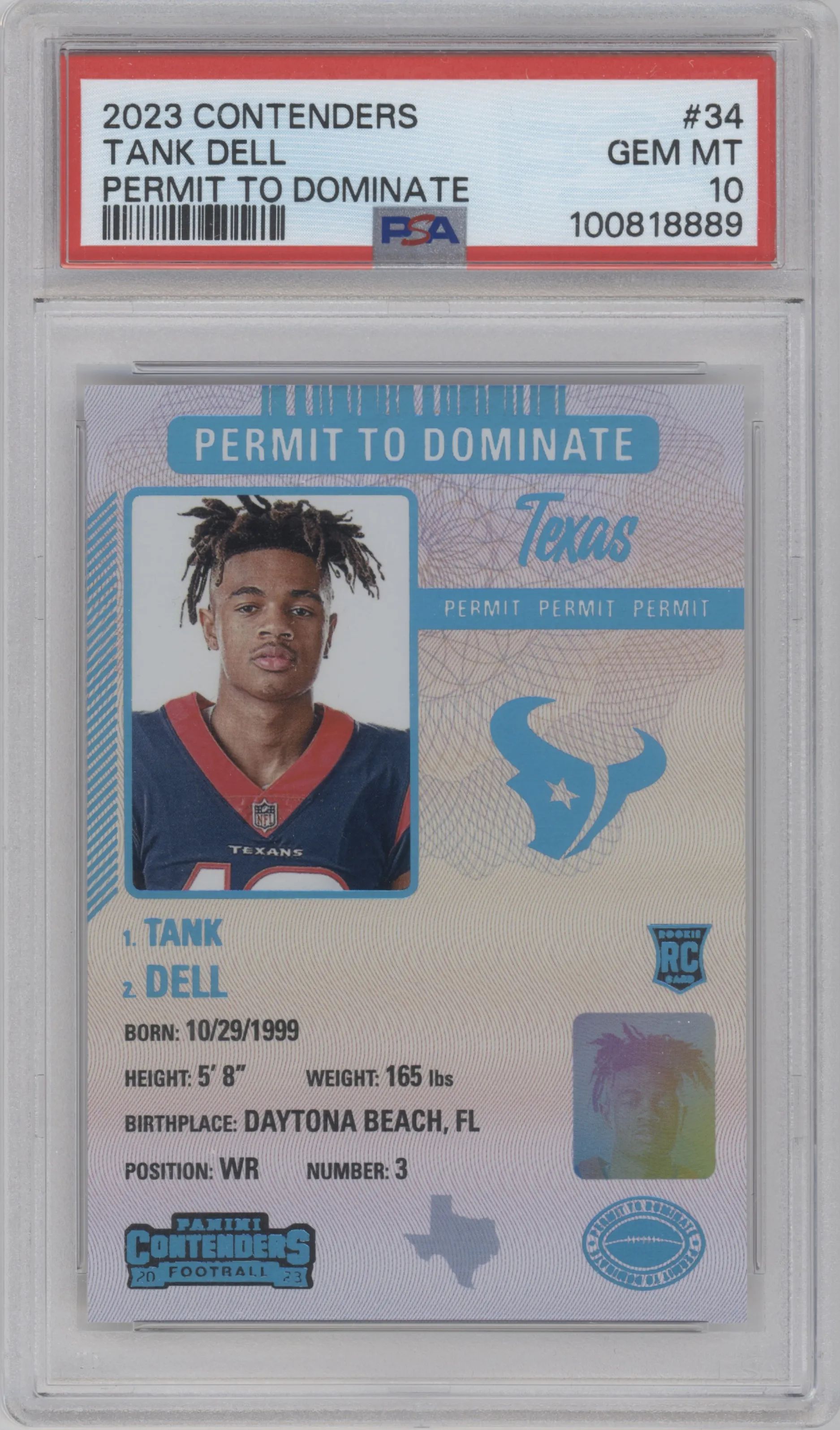 Tank Dell from the 2023 Panini Contenders set graded by PSA and given an overall grade of 10.