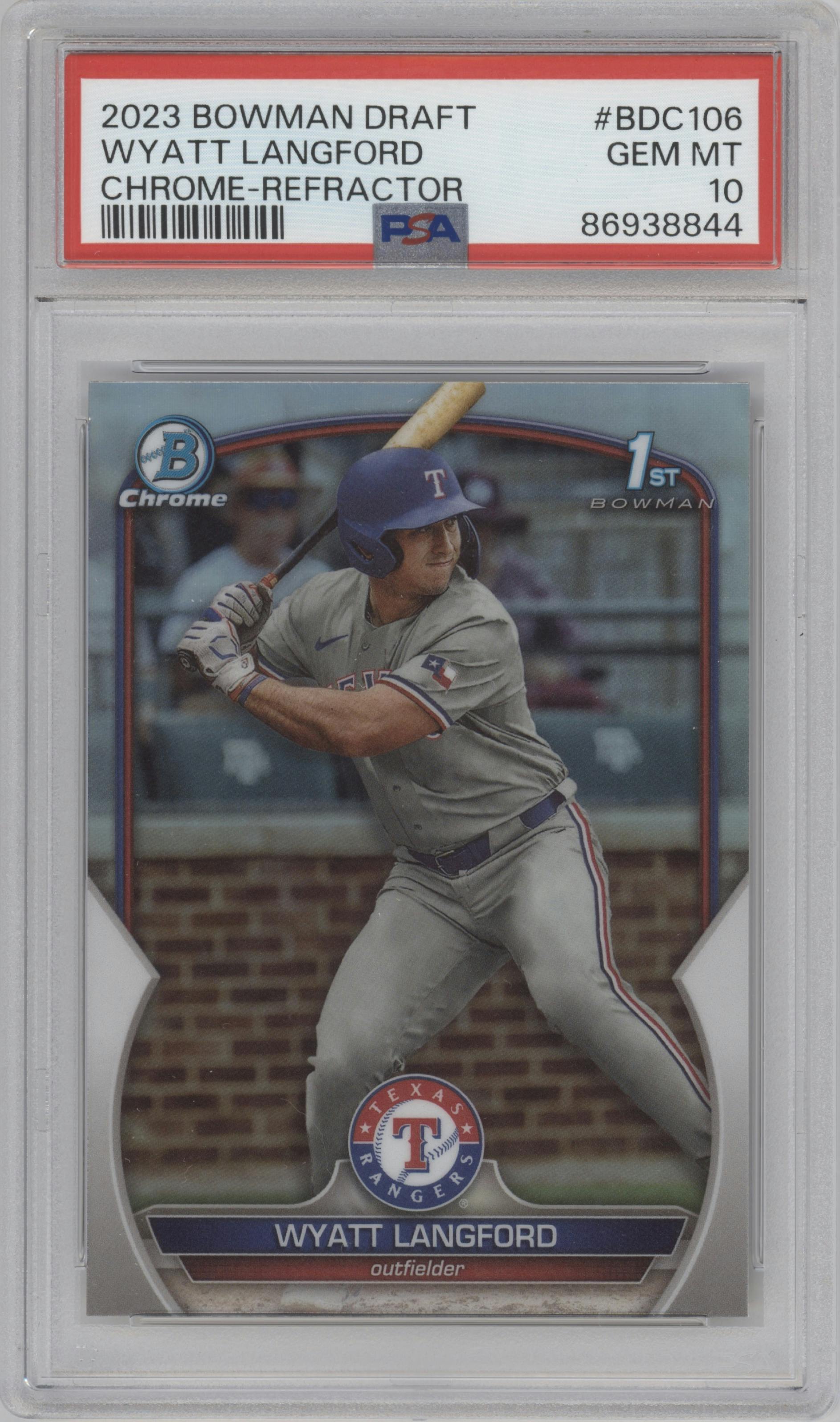 Wyatt Langford from the 2023 Bowman Draft set featuring a Refractor parallel graded by PSA and given an overall grade of 10.