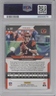 Joe Burrow from the 2020 Panini Prizm set featuring a No Huddle parallel graded by PSA and given an overall grade of 9.
