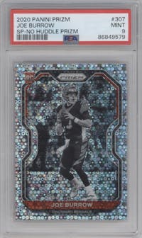 Joe Burrow from the 2020 Panini Prizm set featuring a No Huddle parallel graded by PSA and given an overall grade of 9.