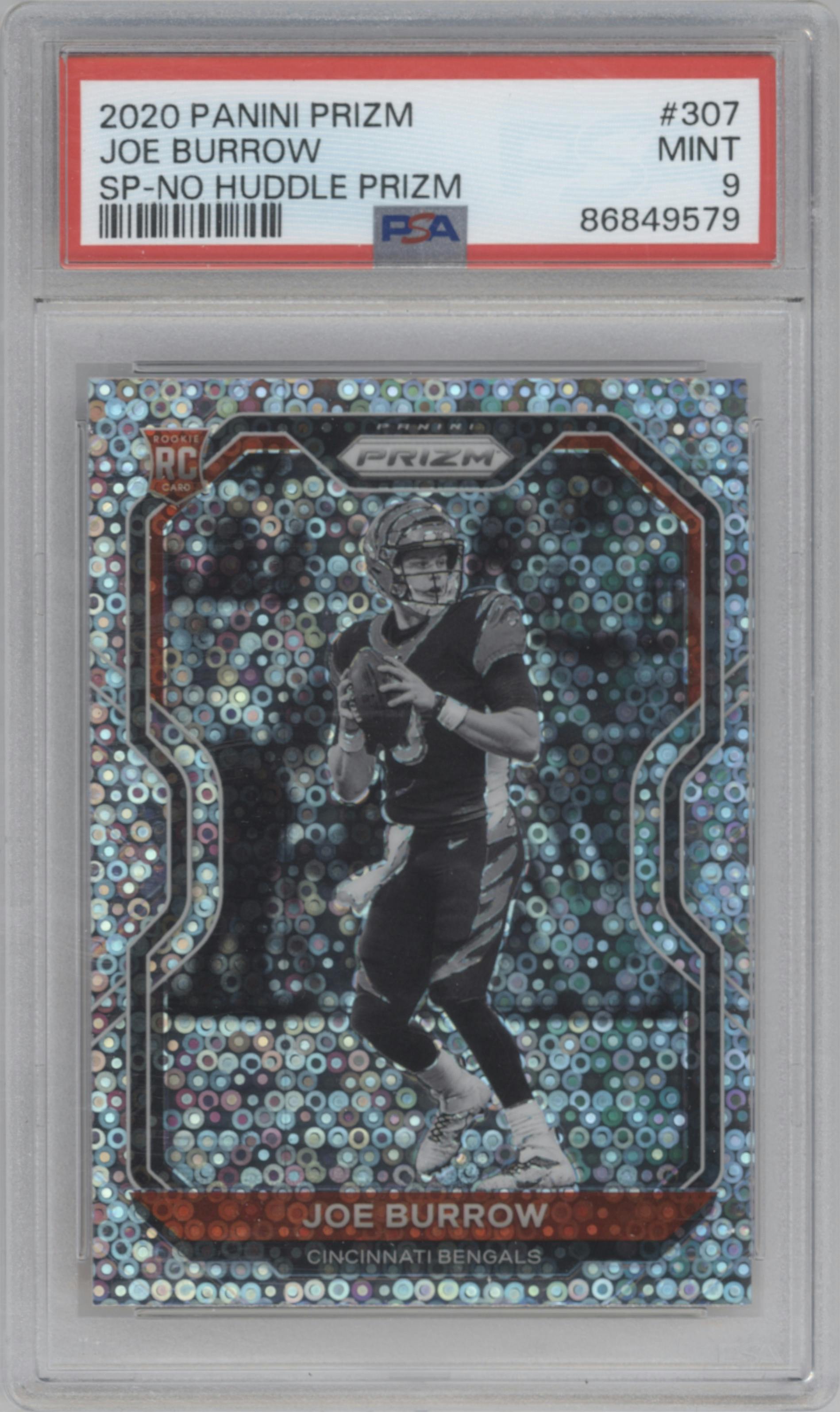 Joe Burrow from the 2020 Panini Prizm set featuring a No Huddle parallel graded by PSA and given an overall grade of 9.