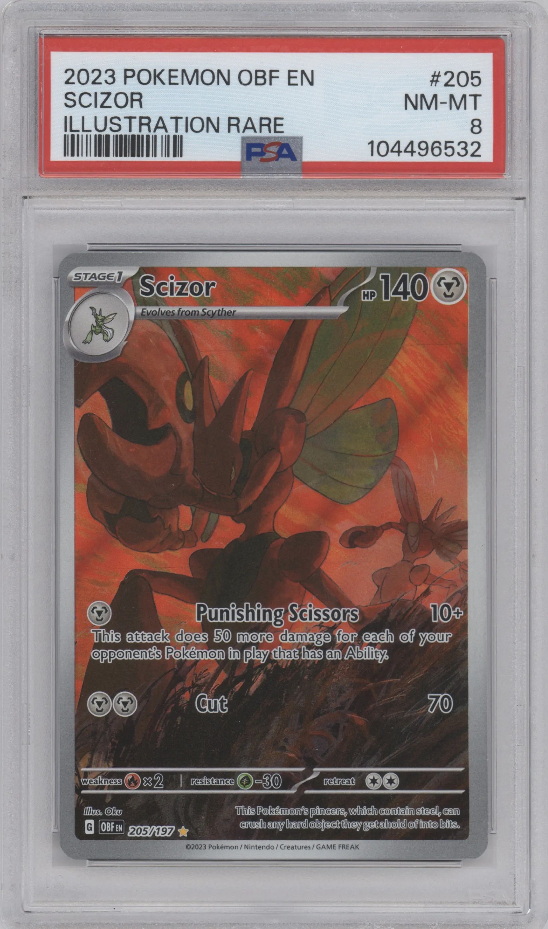 Scizor from the 2023 Pokemon SV set graded by PSA and given an overall grade of 8.