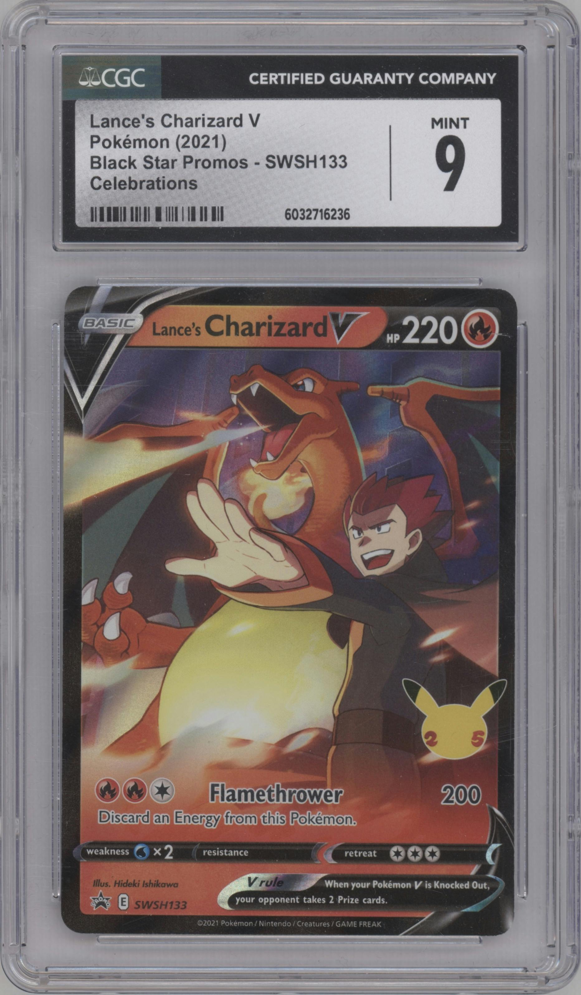 Lance's Charizard V from the 2021 Pokemon SWSH set featuring a Lance's Charizard V Celebrations Collection parallel graded by CSG and given an overall grade of 9.