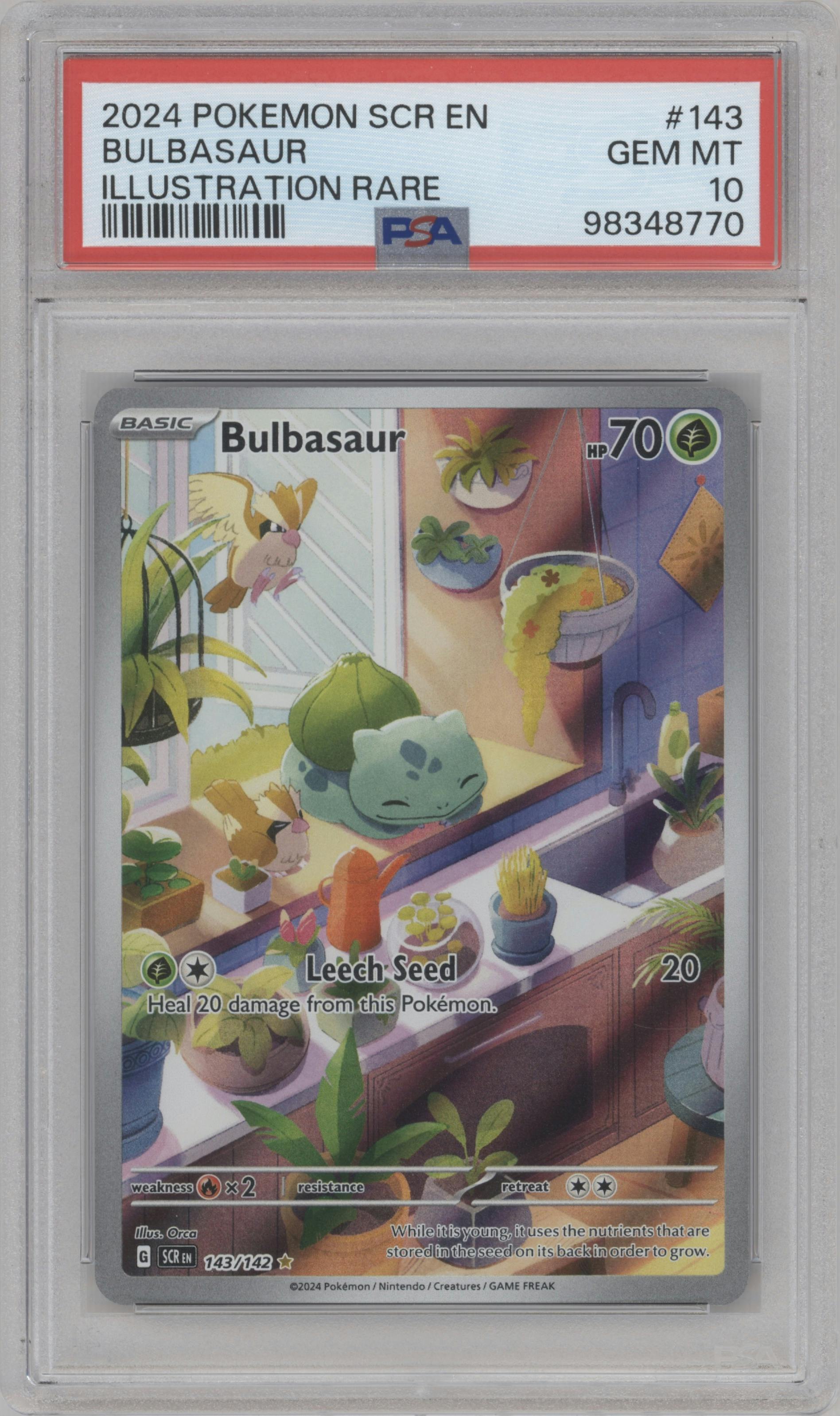 Bulbasaur from the 2024 Pokemon SV set graded by PSA and given an overall grade of 10.