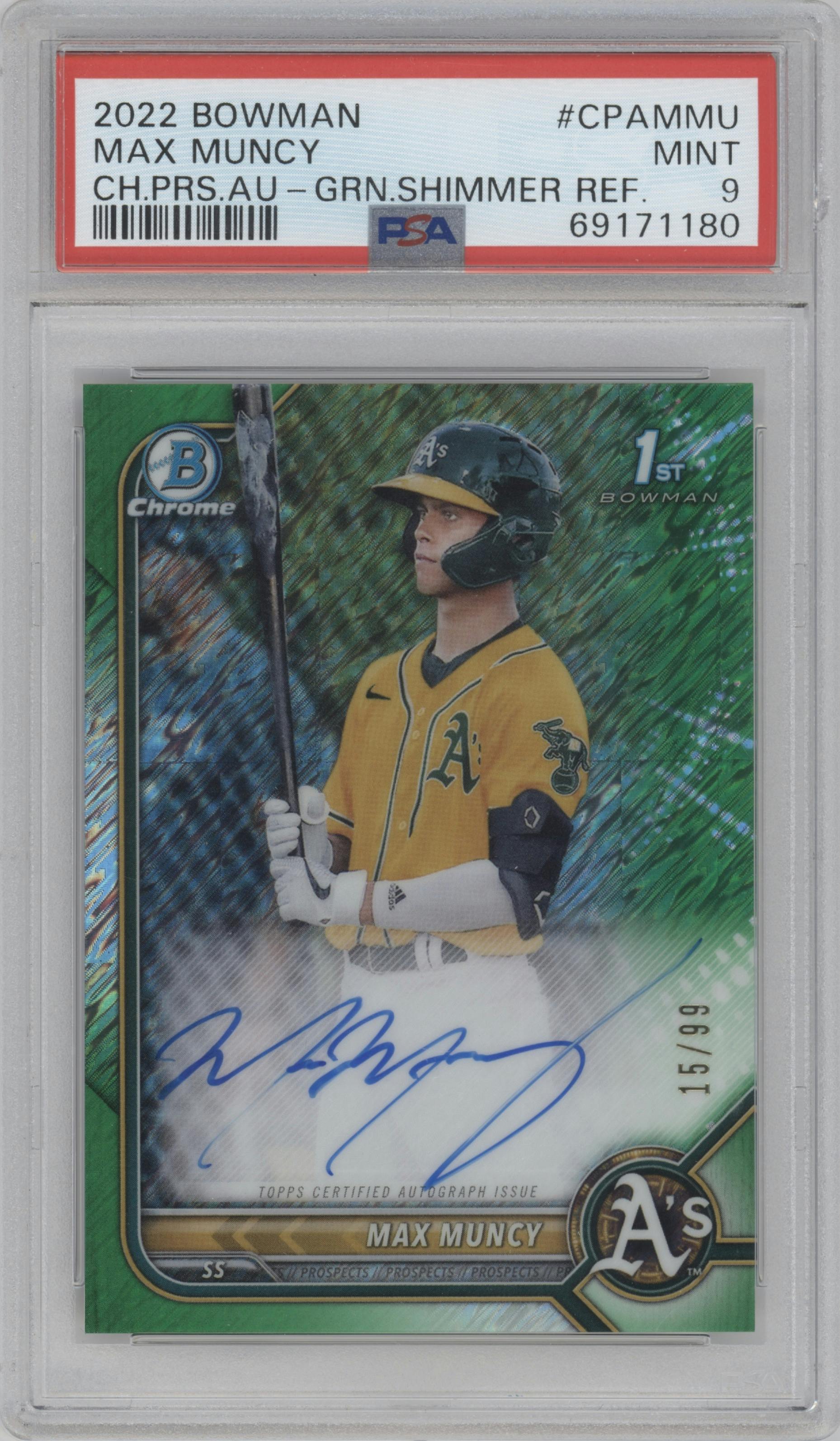 Max Muncy from the 2022 Bowman set featuring a Green Shimmer Refractor parallel graded by PSA and given an overall grade of 9.