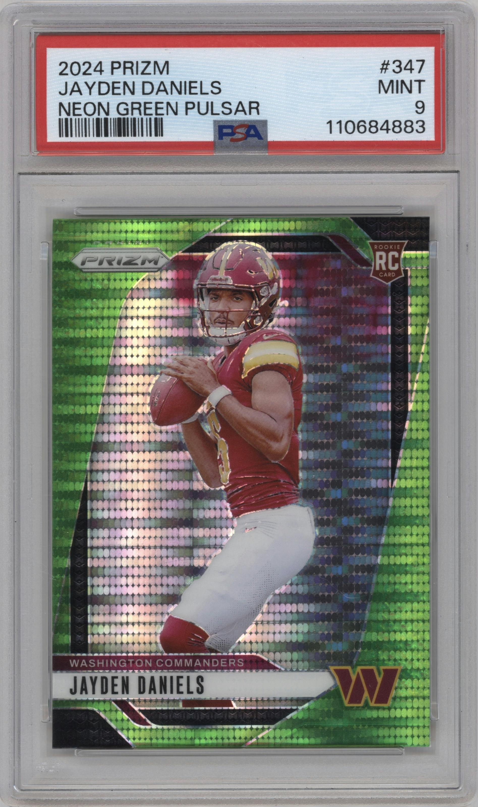 Jayden Daniels from the 2024 Panini Prizm set featuring a Neon Green Pulsar  parallel graded by PSA and given an overall grade of 9.