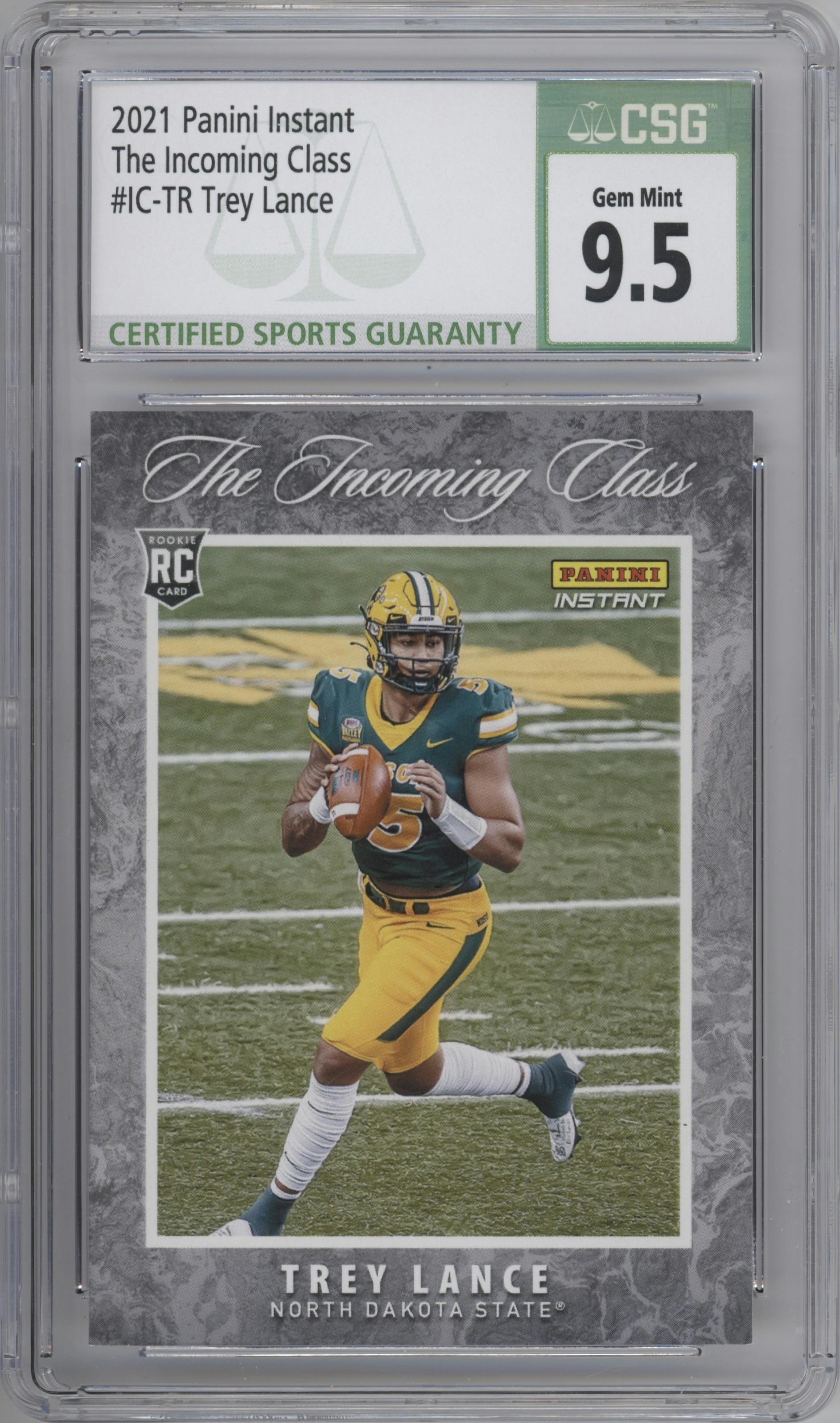 Trey Lance  from the 2021 Panini Instant The Incoming Class set graded by CSG and given an overall grade of 9.5.