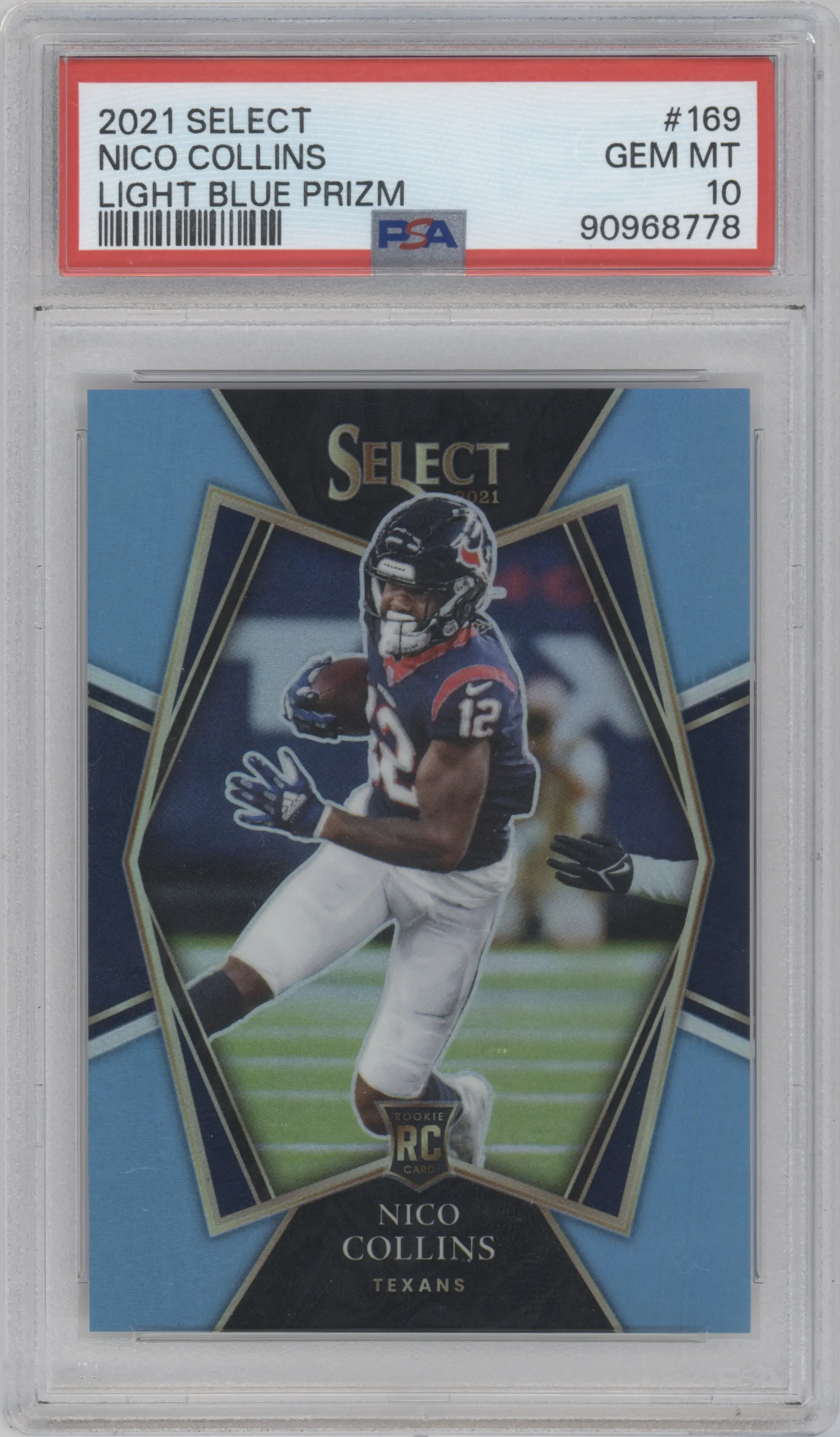 Nico Collins from the 2021 Panini Select set featuring a Light Blue Prizm parallel graded by PSA and given an overall grade of 10.