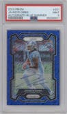 Jahmyr Gibbs from the 2023 Panini Prizm set featuring a Blue Shimmer parallel graded by PSA and given an overall grade of 9.