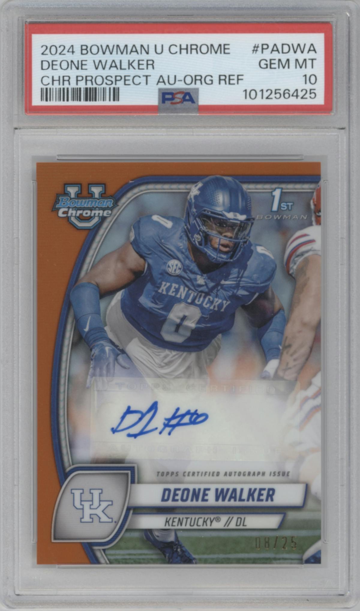 Deone Walker  from the 2024 Bowman University Chrome set featuring a Orange Refractor parallel graded by PSA and given an overall grade of 10.