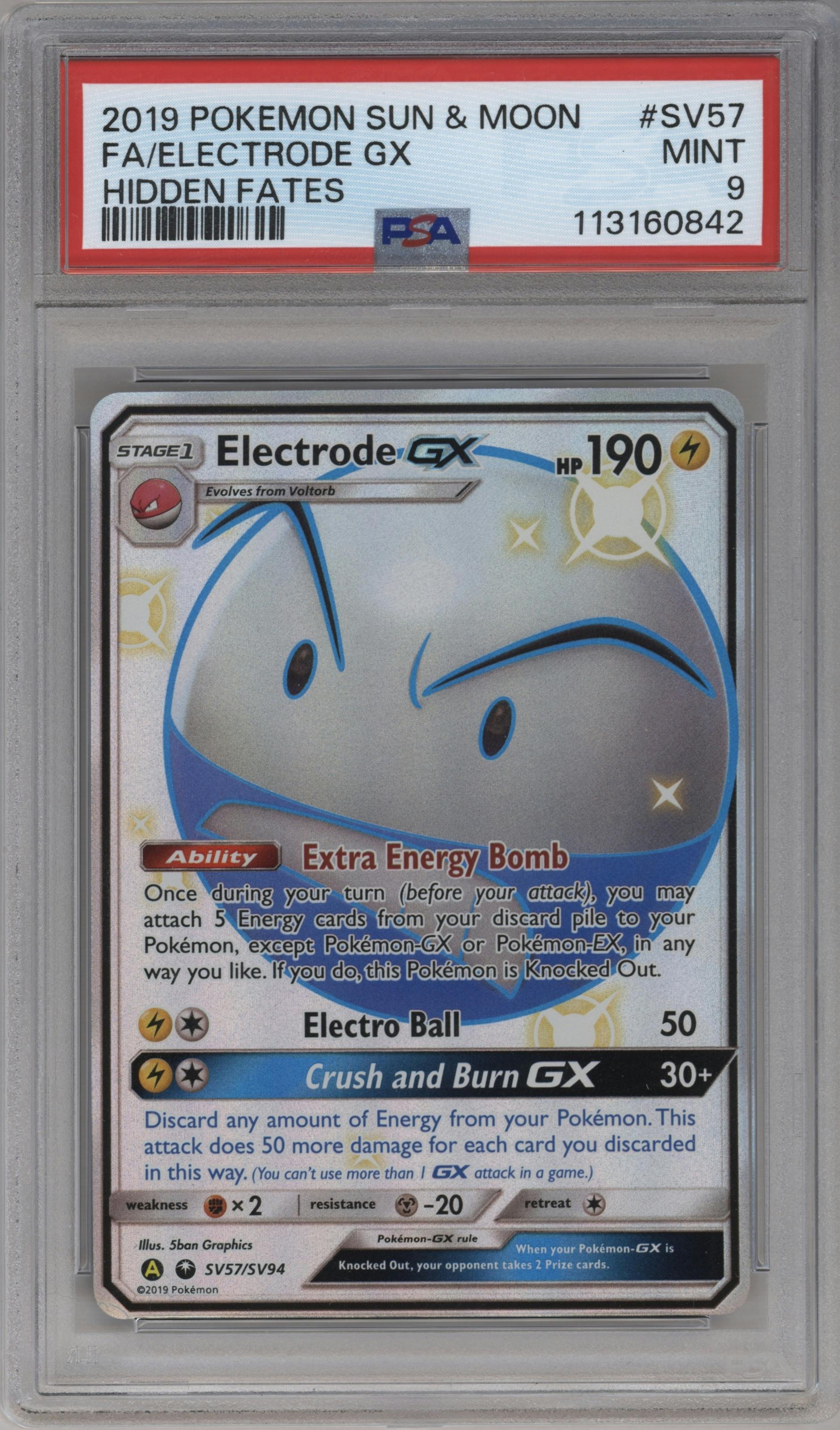 Electrode GX from the 2019 Pokemon S&M  set graded by PSA and given an overall grade of 9.