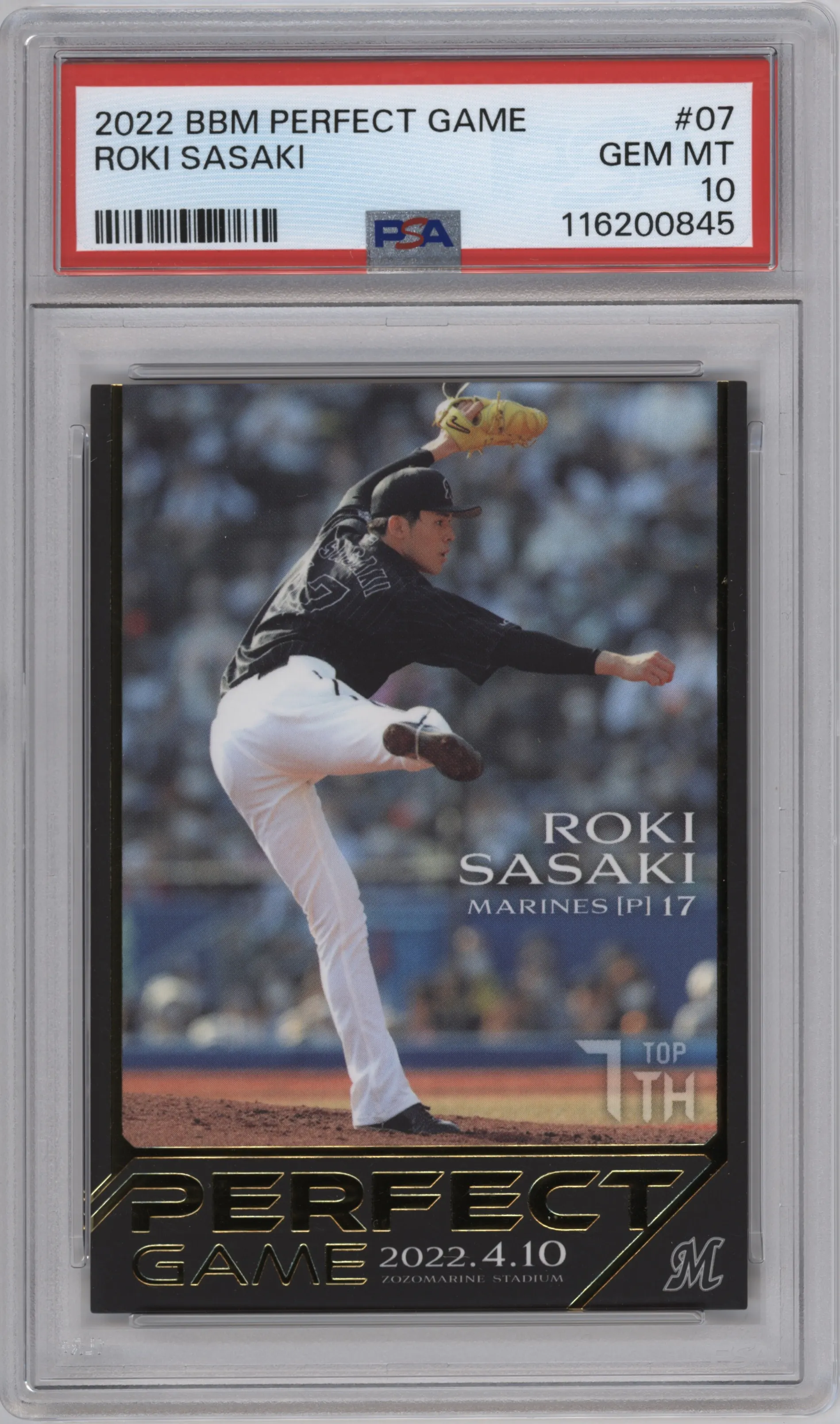 Roki Sasaki from the 2022 BBM Roki Sasaki Perfect Game set graded by PSA and given an overall grade of 10.