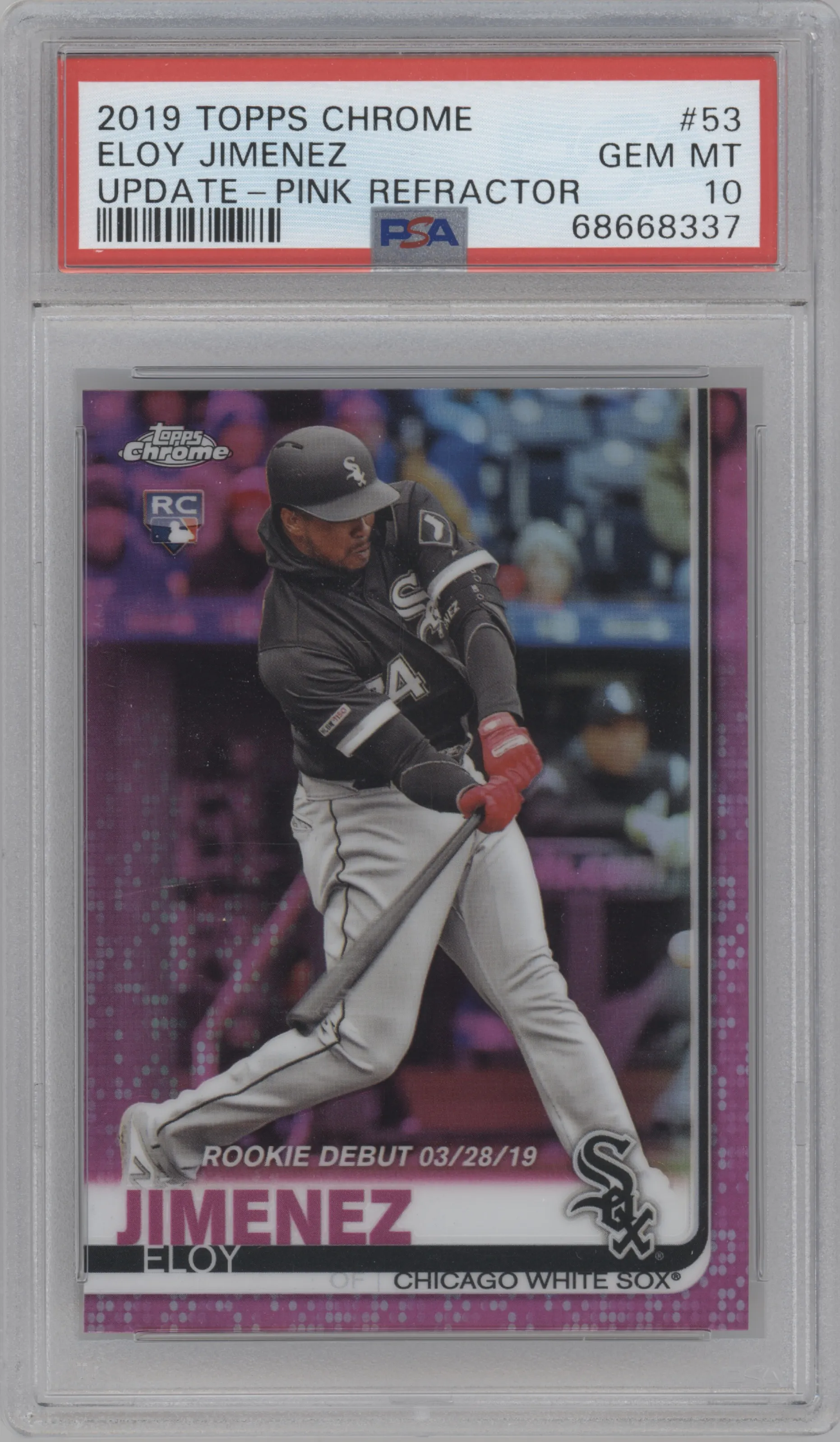 Eloy Jimenez from the 2019 Topps Chrome Update set featuring a Pink Refractor parallel graded by PSA and given an overall grade of 10.