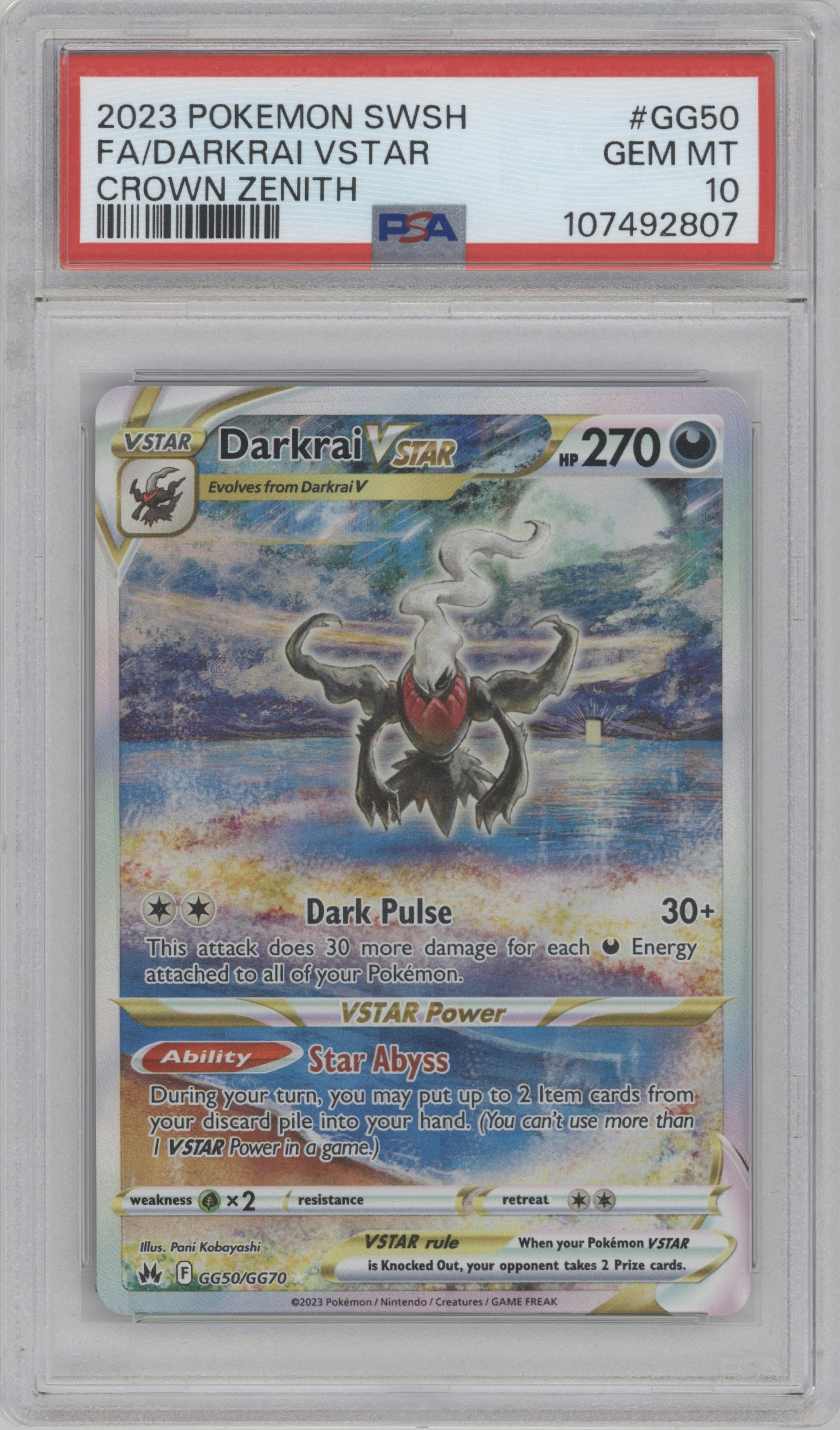Darkrai VSTAR from the 2023 Pokemon SWSH set graded by PSA and given an overall grade of 10.