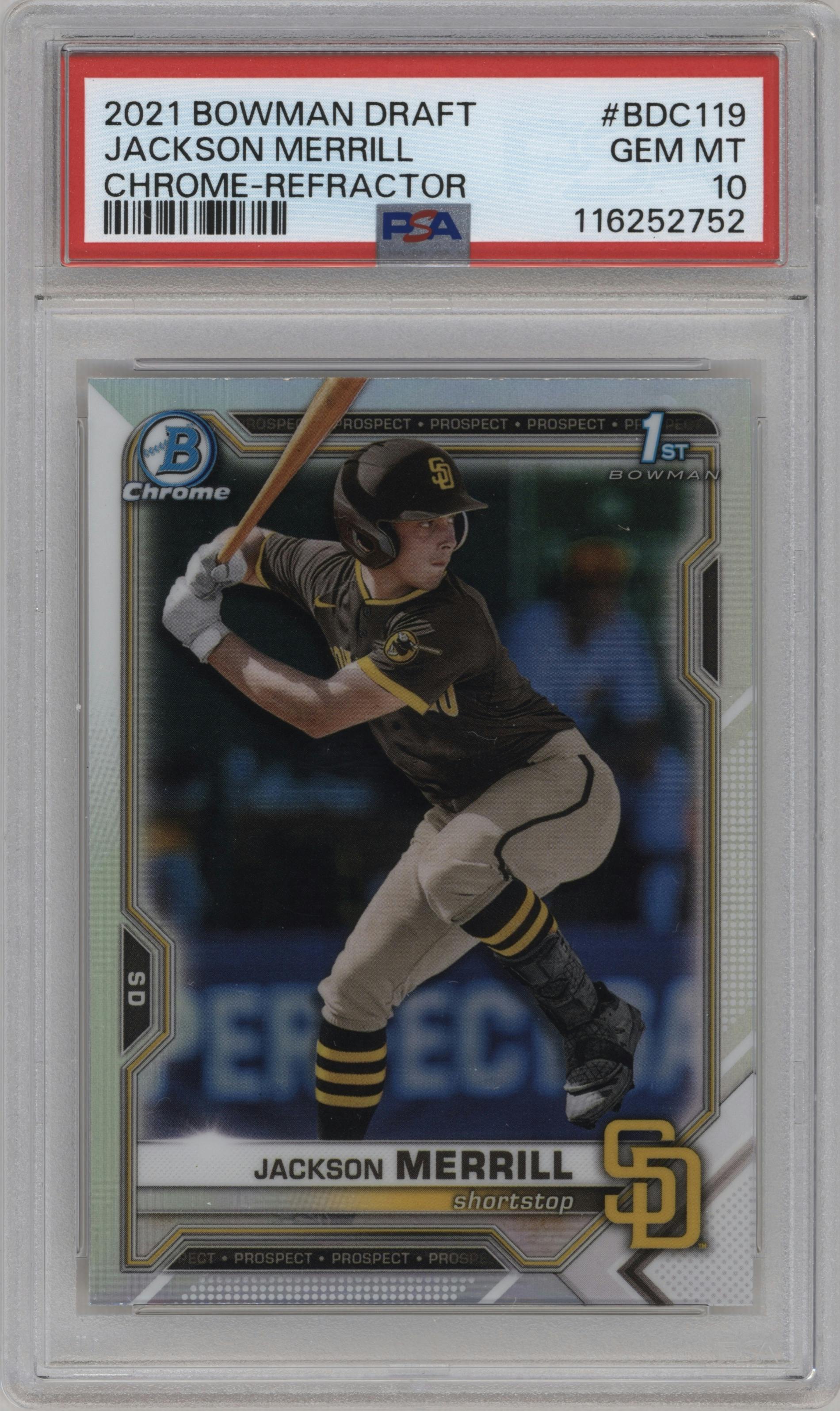 Jackson Merrill from the 2021 Bowman Draft set featuring a Refractor parallel graded by PSA and given an overall grade of 10.