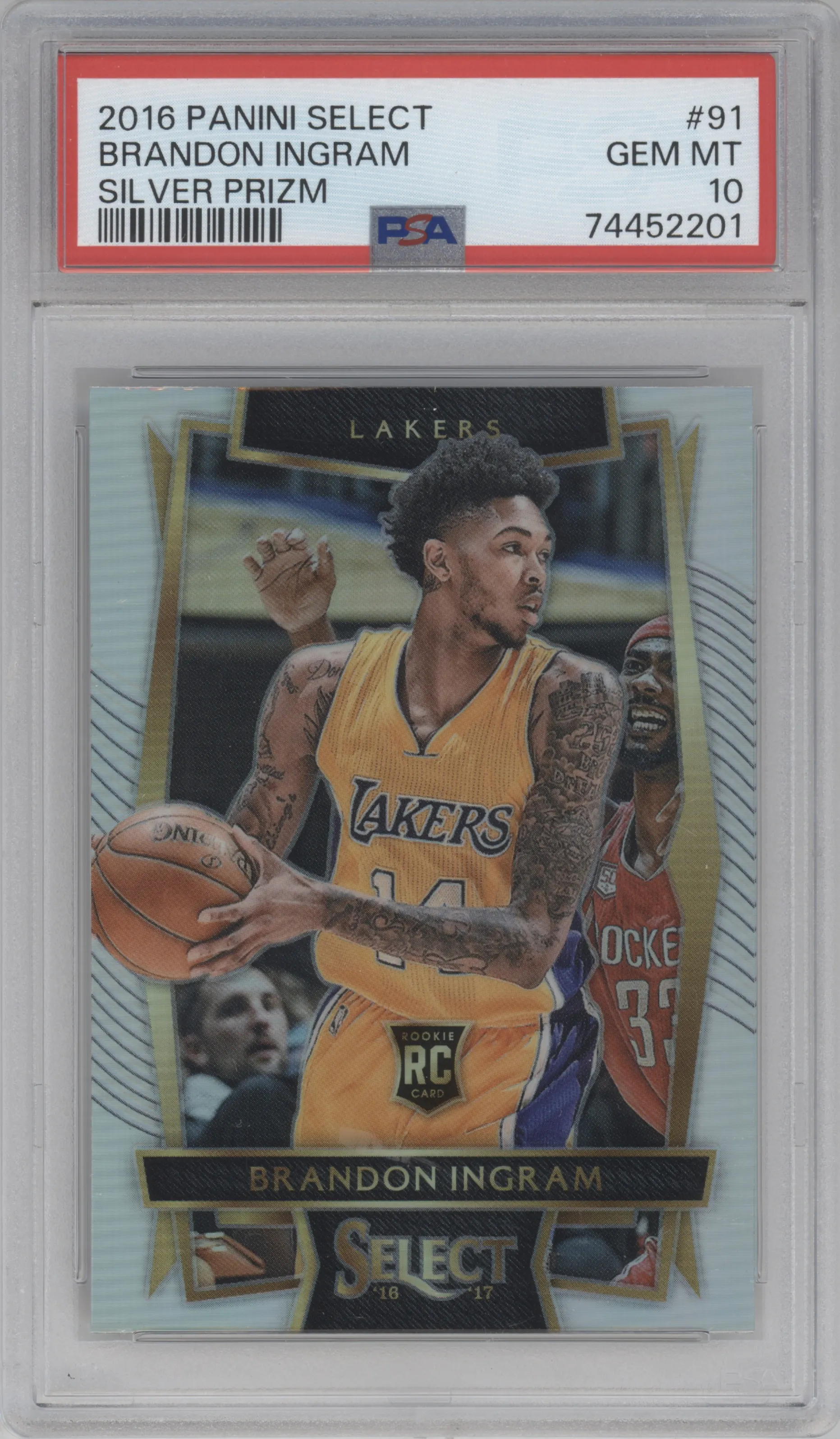 Brandon Ingram from the 2016-17 Panini Select set featuring a Silver Prizm parallel graded by PSA and given an overall grade of 10.
