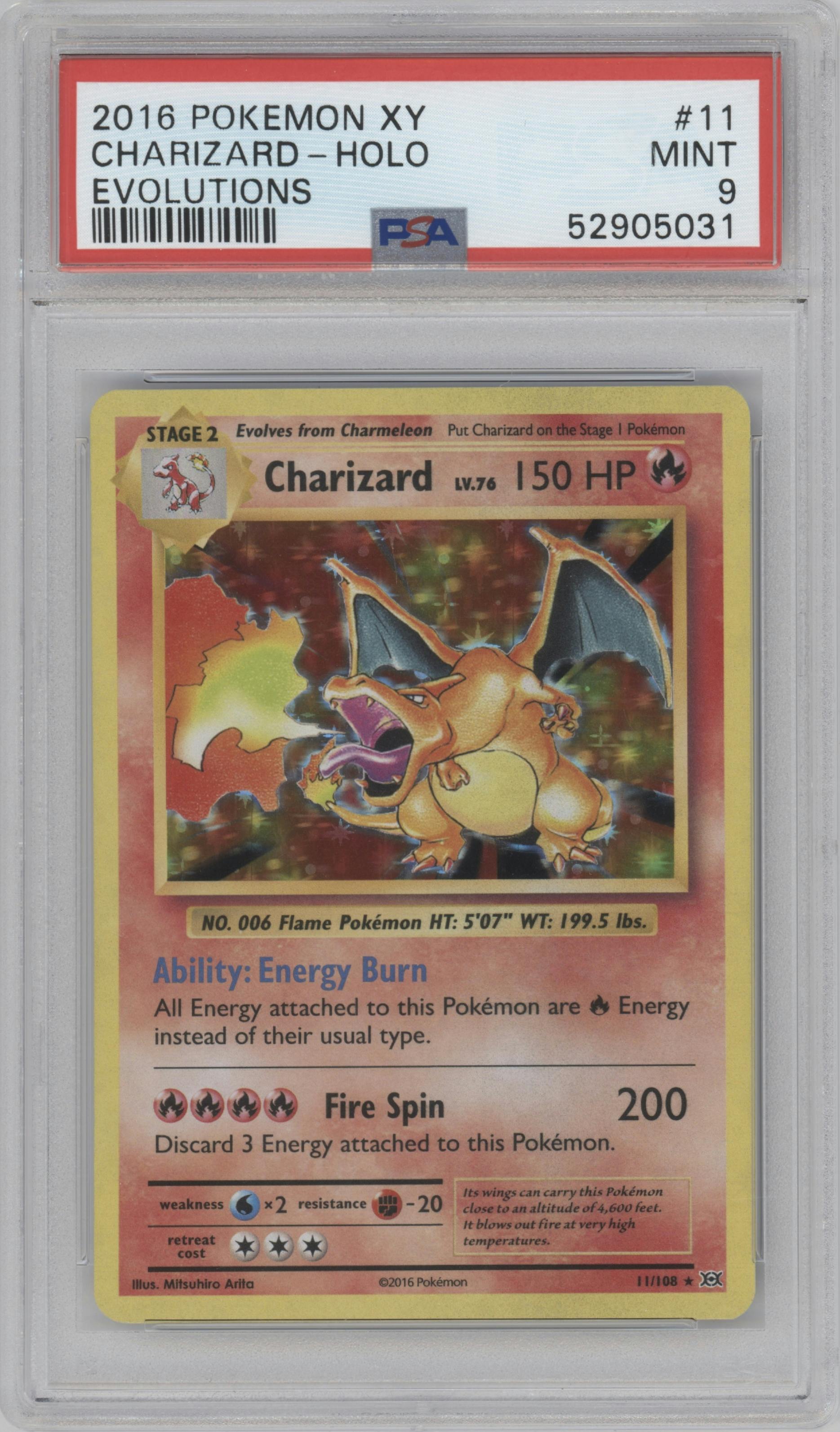 Charizard  from the 2016 Pokemon XY set graded by PSA and given an overall grade of 9.