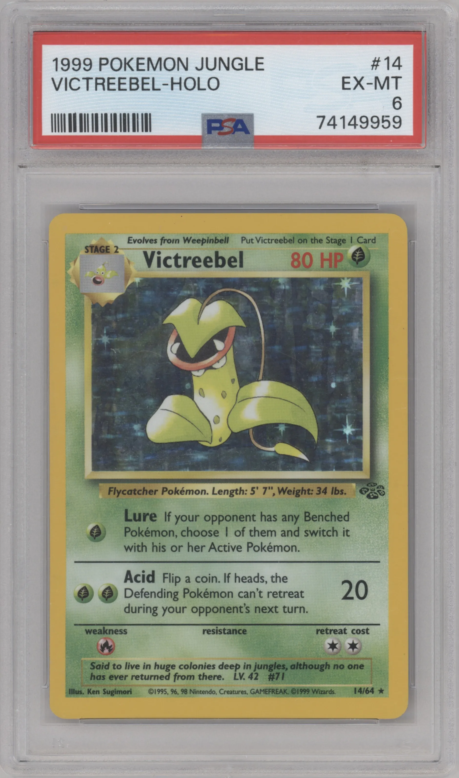 Victreebel from the 1999 Pokemon set graded by PSA and given an overall grade of 6.