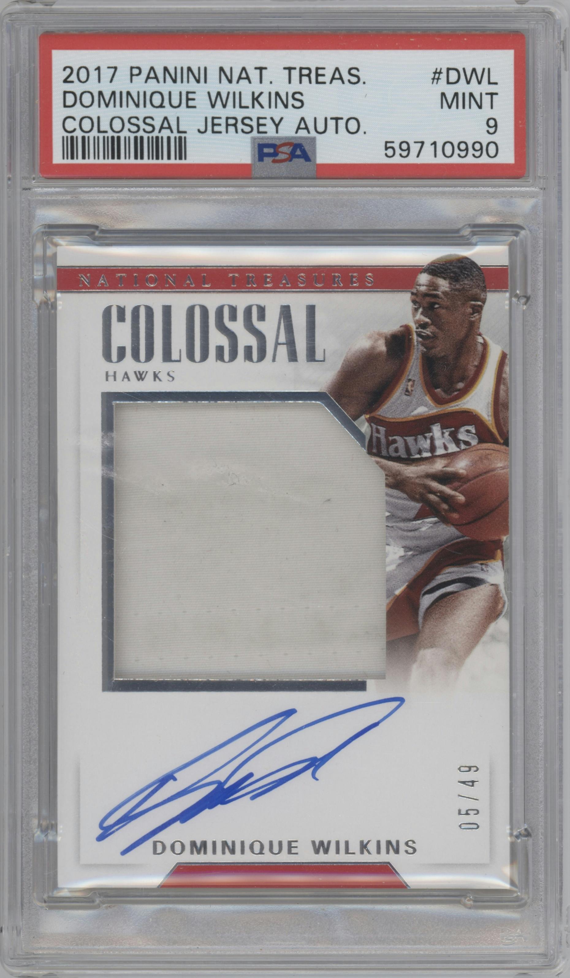 Dominique Wilkins from the 2017-18 Panini National Treasures set graded by PSA and given an overall grade of 9.