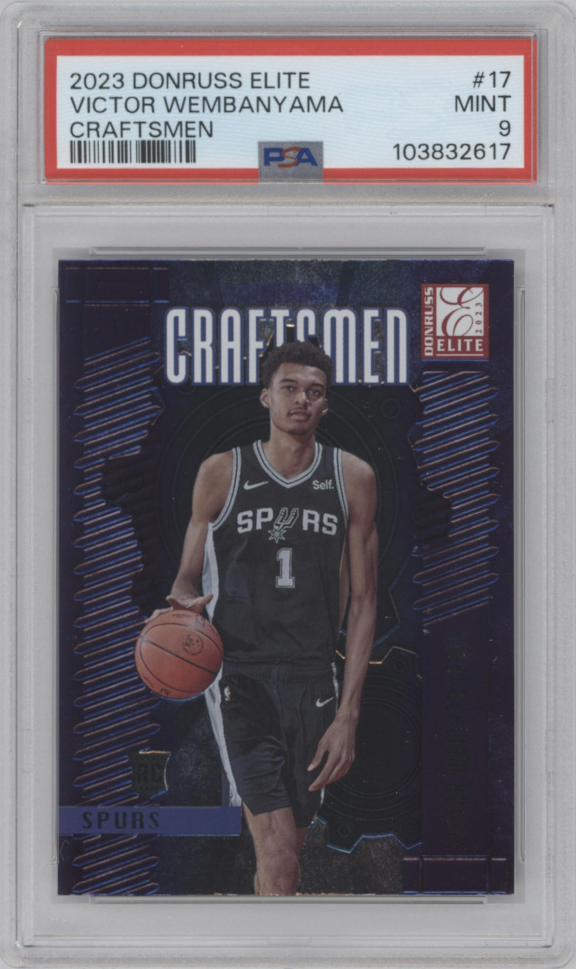 Victor Wembanyama from the 2023-24 Panini Donruss Elite set graded by PSA and given an overall grade of 9.