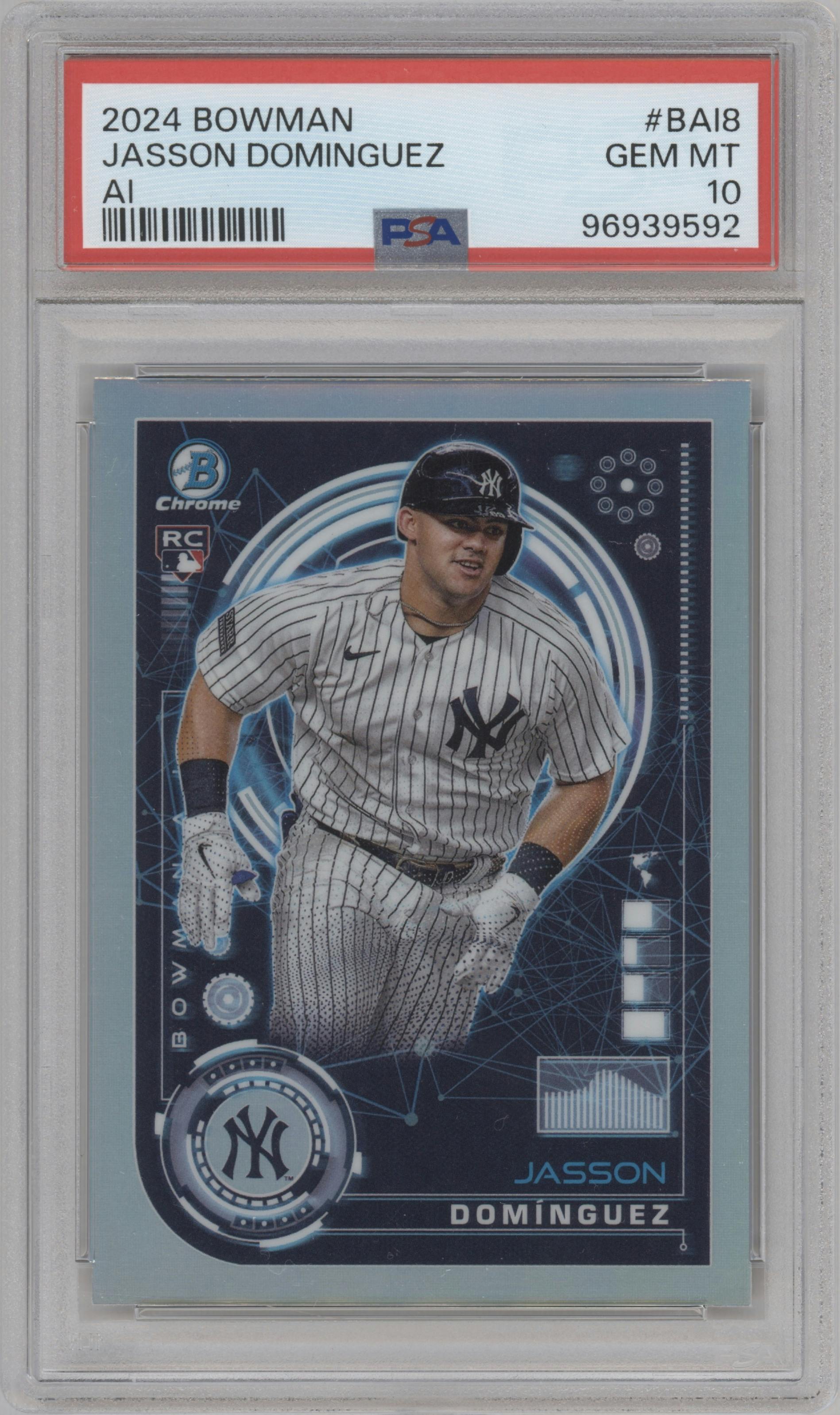 Jasson Dominguez from the 2024 Bowman set graded by PSA and given an overall grade of 10.