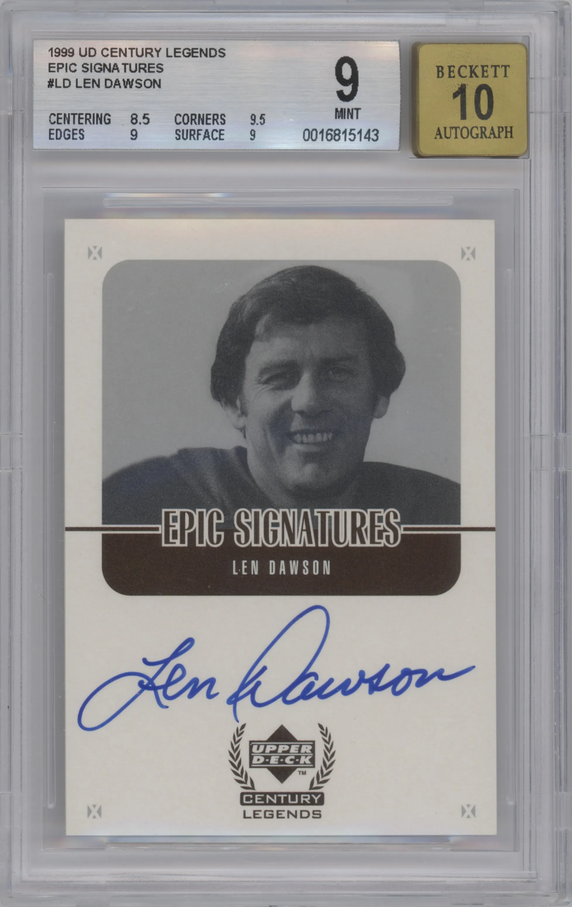 Len Dawson from the 1999 Upper Deck Century Legends set graded by Beckett and given an overall grade of 9.