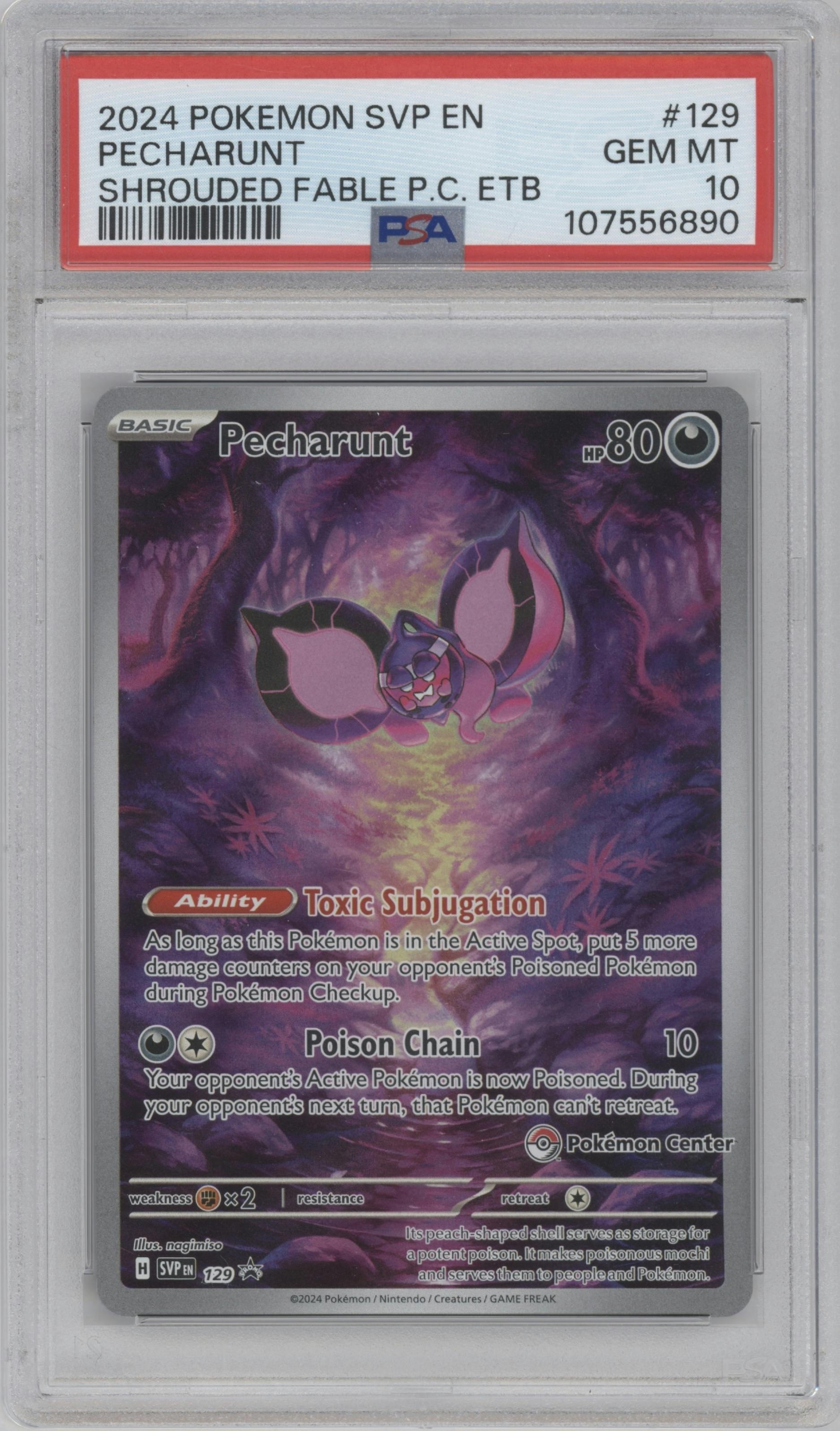 Pecharunt from the 2024 Pokemon SV set featuring a Shrouded Fable Pokemon Center Elite Trainer Box parallel graded by PSA and given an overall grade of 10.