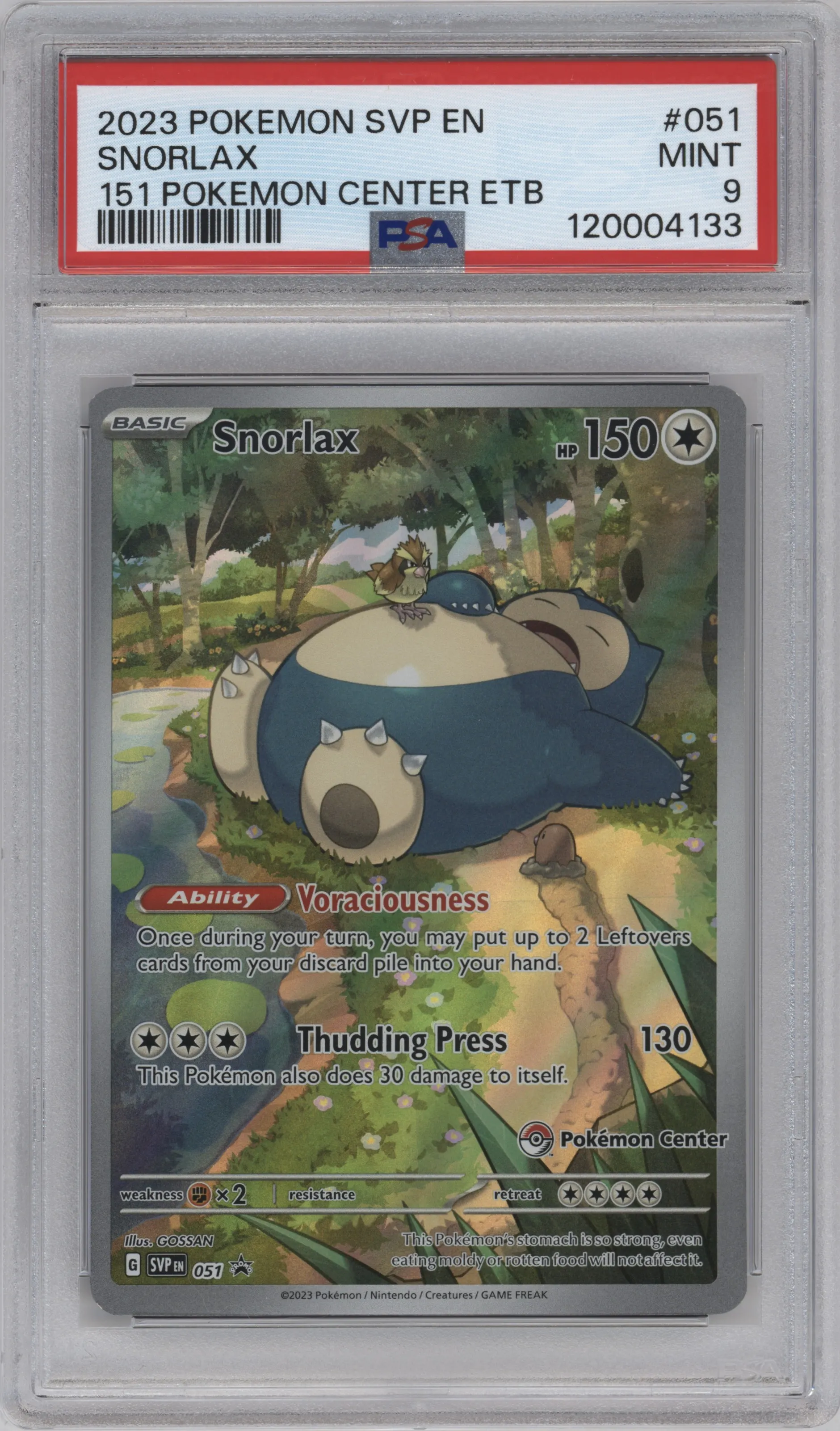 Snorlax from the 2023 Pokemon SV set featuring a 151 Pokémon Center Elite Trainer Box parallel graded by PSA and given an overall grade of 9.