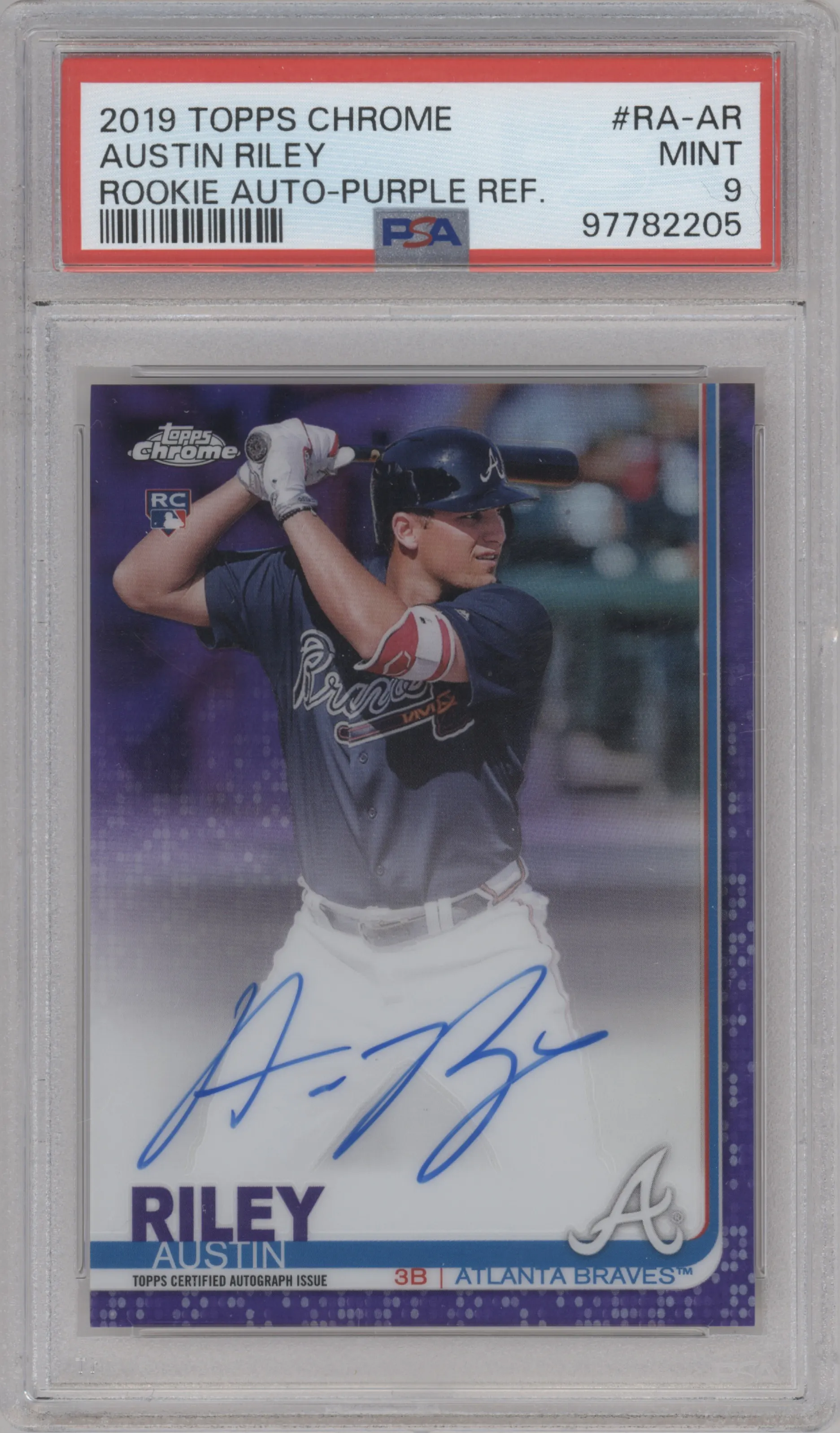 Austin Riley from the 2019 Topps Chrome set featuring a Purple Refractor parallel graded by PSA and given an overall grade of 9.