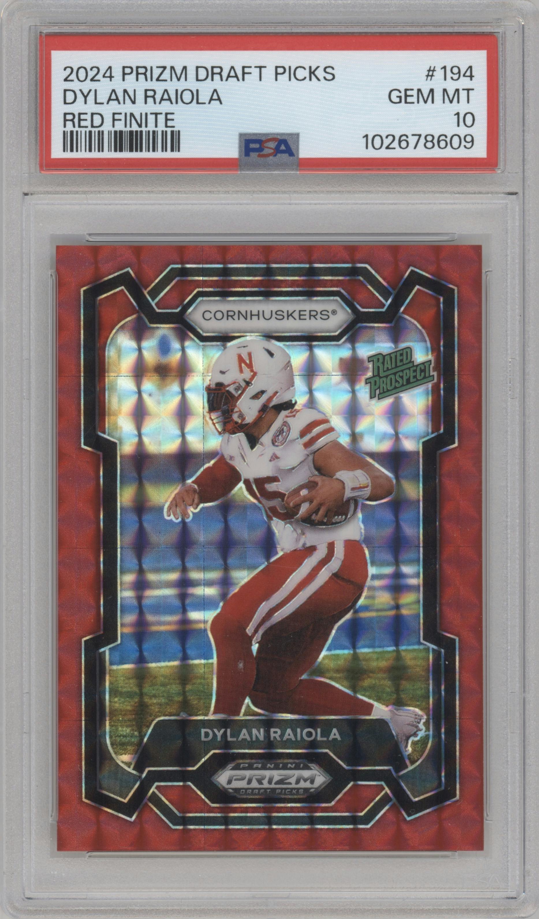 Dylan Raiola from the 2024 Panini Prizm Draft Picks set featuring a Red Finite parallel graded by PSA and given an overall grade of 10.