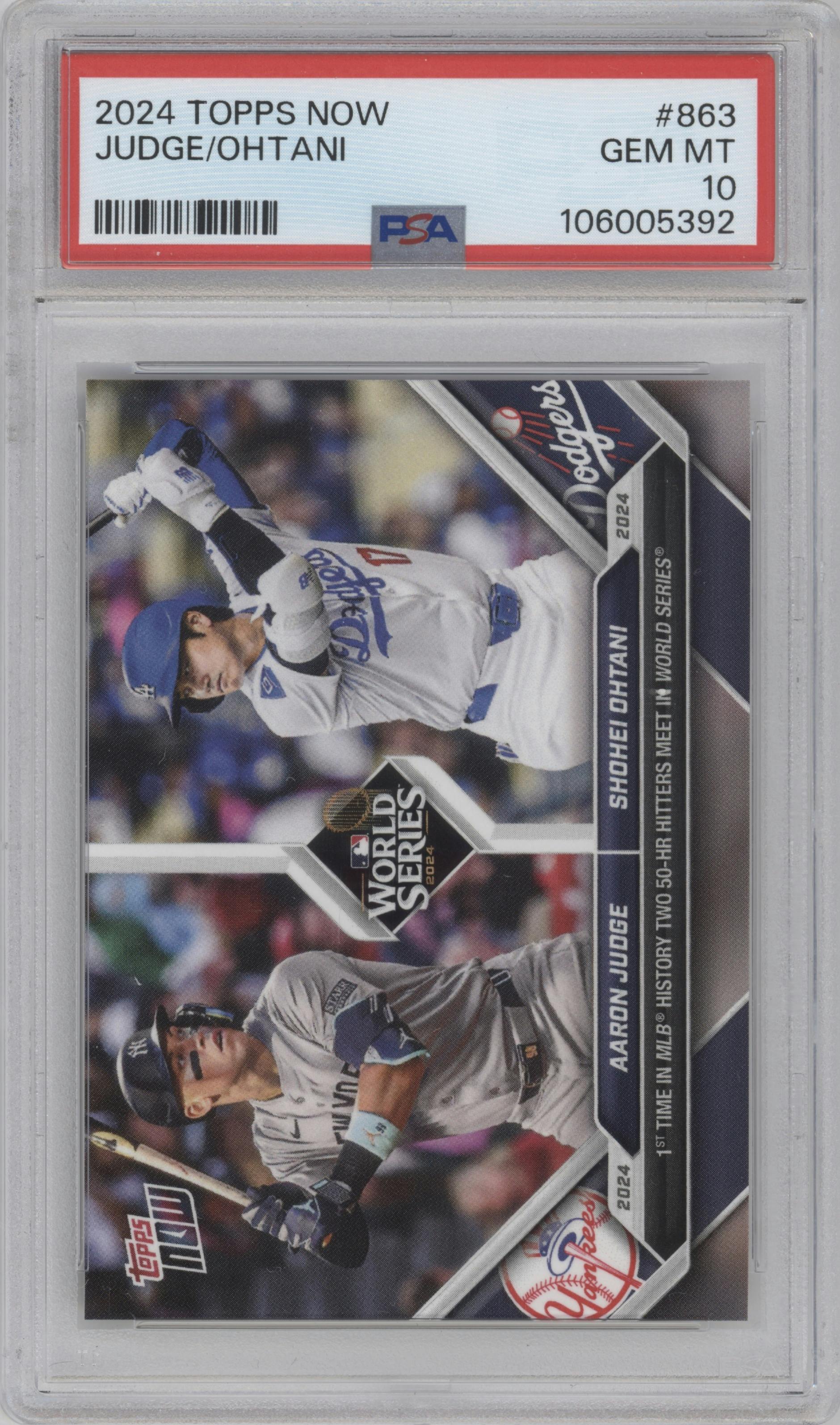 Aaron Judge/Shohei Ohtani from the 2024 Topps Now set graded by PSA and given an overall grade of 10.