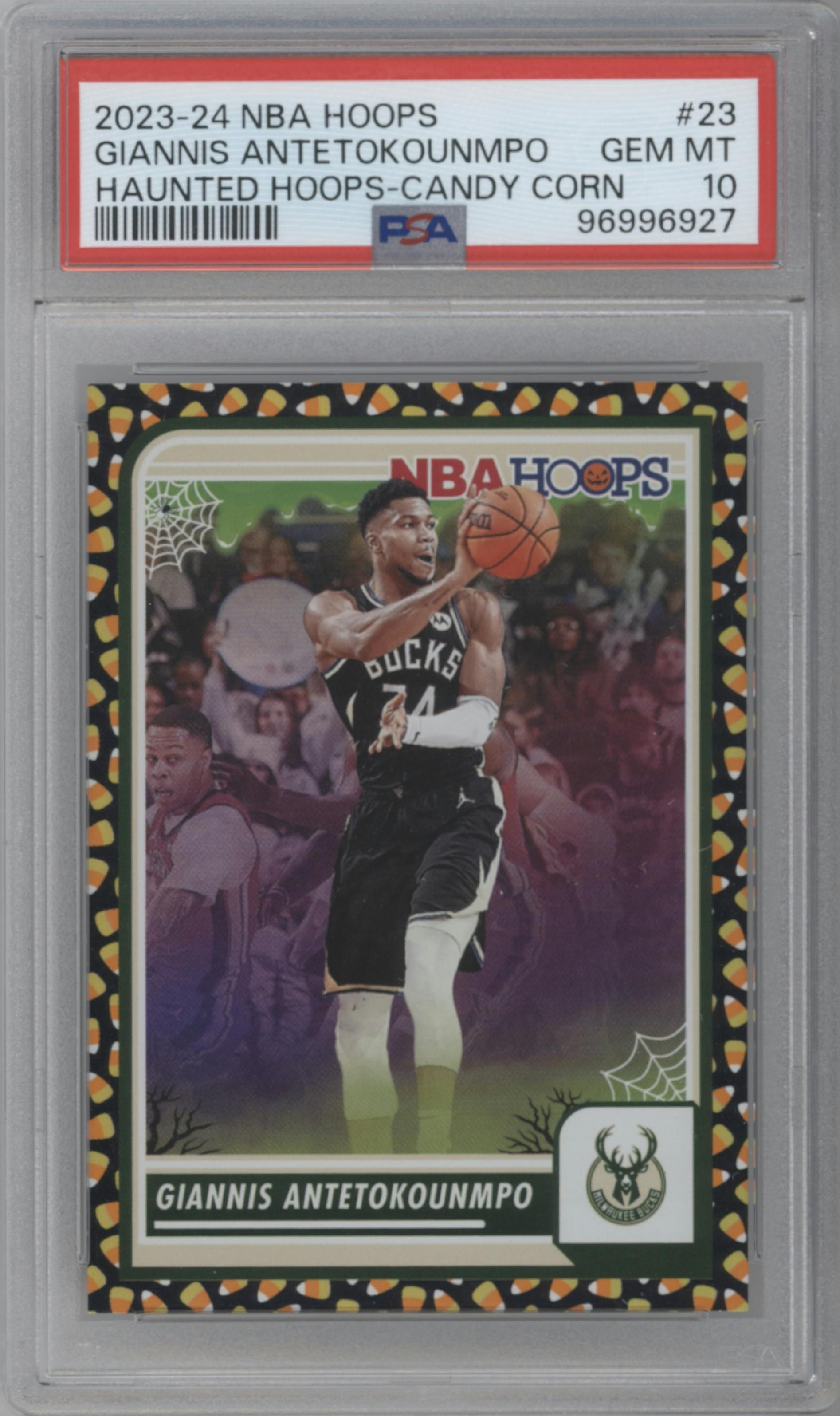 Giannis Antetokounmpo from the 2023-24 Panini Haunted Hoops set featuring a Holo Candy parallel graded by PSA and given an overall grade of 10.