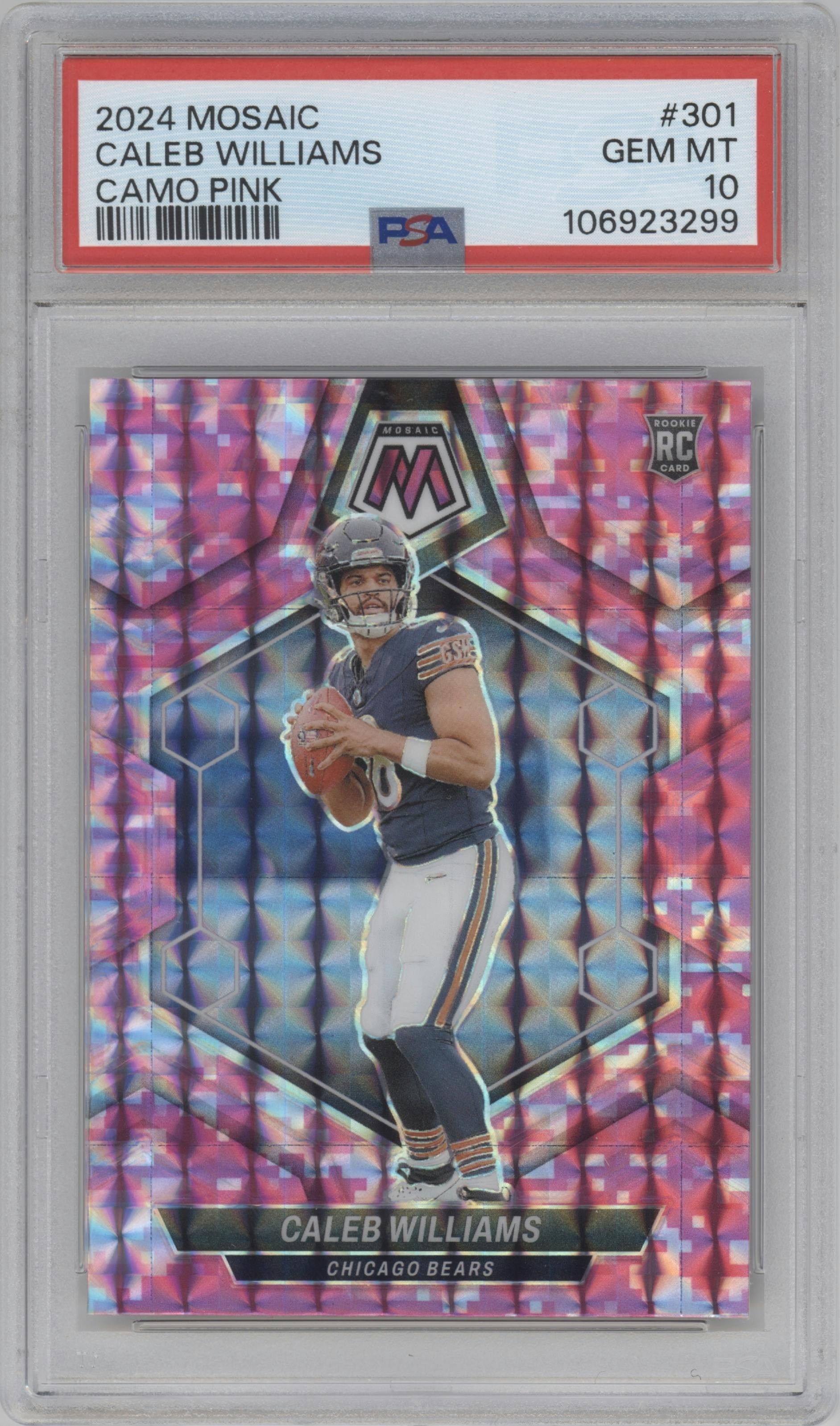 Caleb Williams from the 2024 Panini Mosaic set featuring a Pink Camo parallel graded by PSA and given an overall grade of 10.
