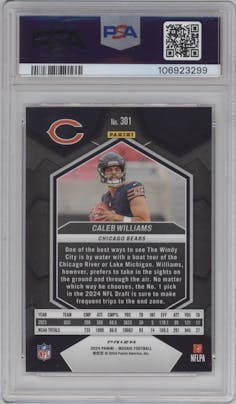 Caleb Williams from the 2024 Panini Mosaic set featuring a Pink Camo parallel graded by PSA and given an overall grade of 10.