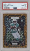 De'Von Achane from the 2023 Panini Prizm set featuring a Lazer parallel graded by PSA and given an overall grade of 10.