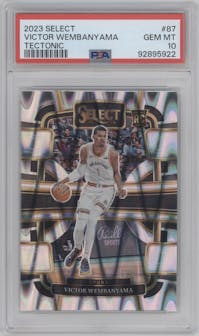 Victor Wembanyama from the 2023-24 Panini Select  set featuring a Tectonic parallel graded by PSA and given an overall grade of 10.