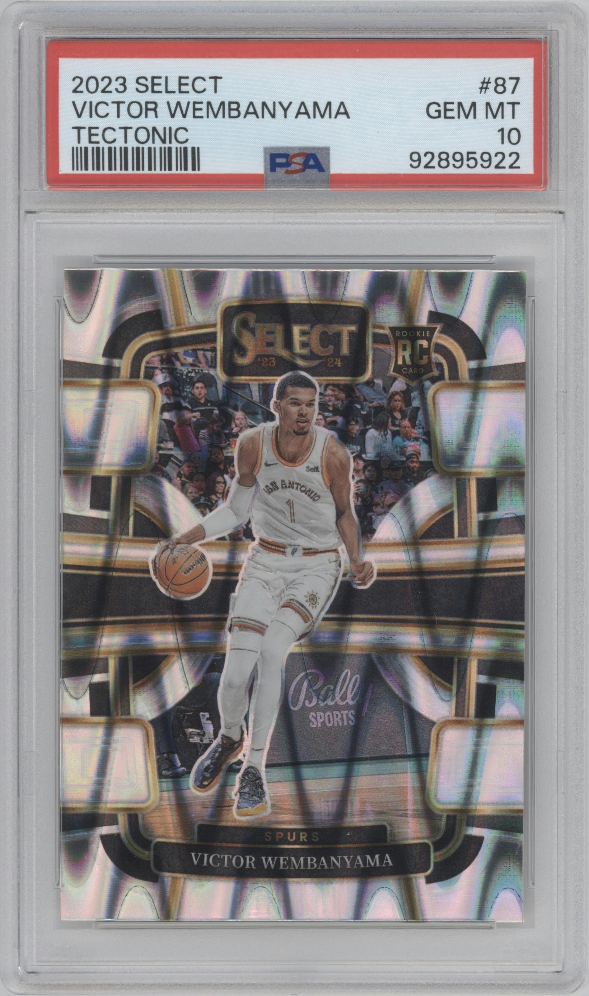 Victor Wembanyama from the 2023-24 Panini Select  set featuring a Tectonic parallel graded by PSA and given an overall grade of 10.