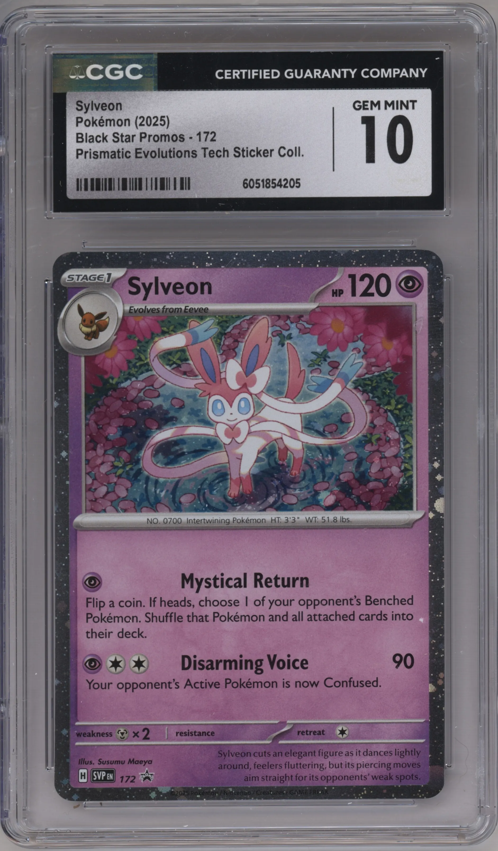 Sylveon from the 2025 Pokemon SV set featuring a Prismatic Evolutions Tech Sticker Collection parallel graded by CSG and given an overall grade of 10.