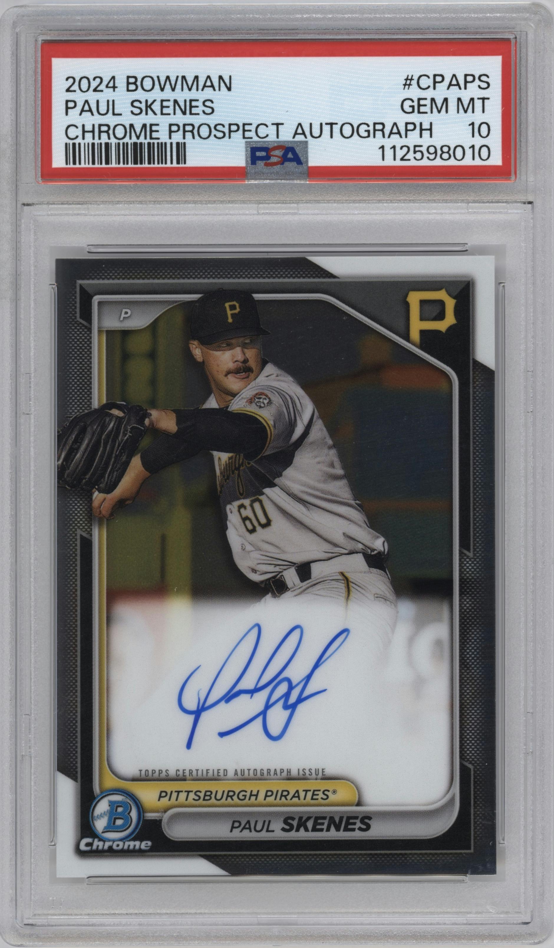 Paul Skenes from the 2024 Bowman set graded by PSA and given an overall grade of 10.