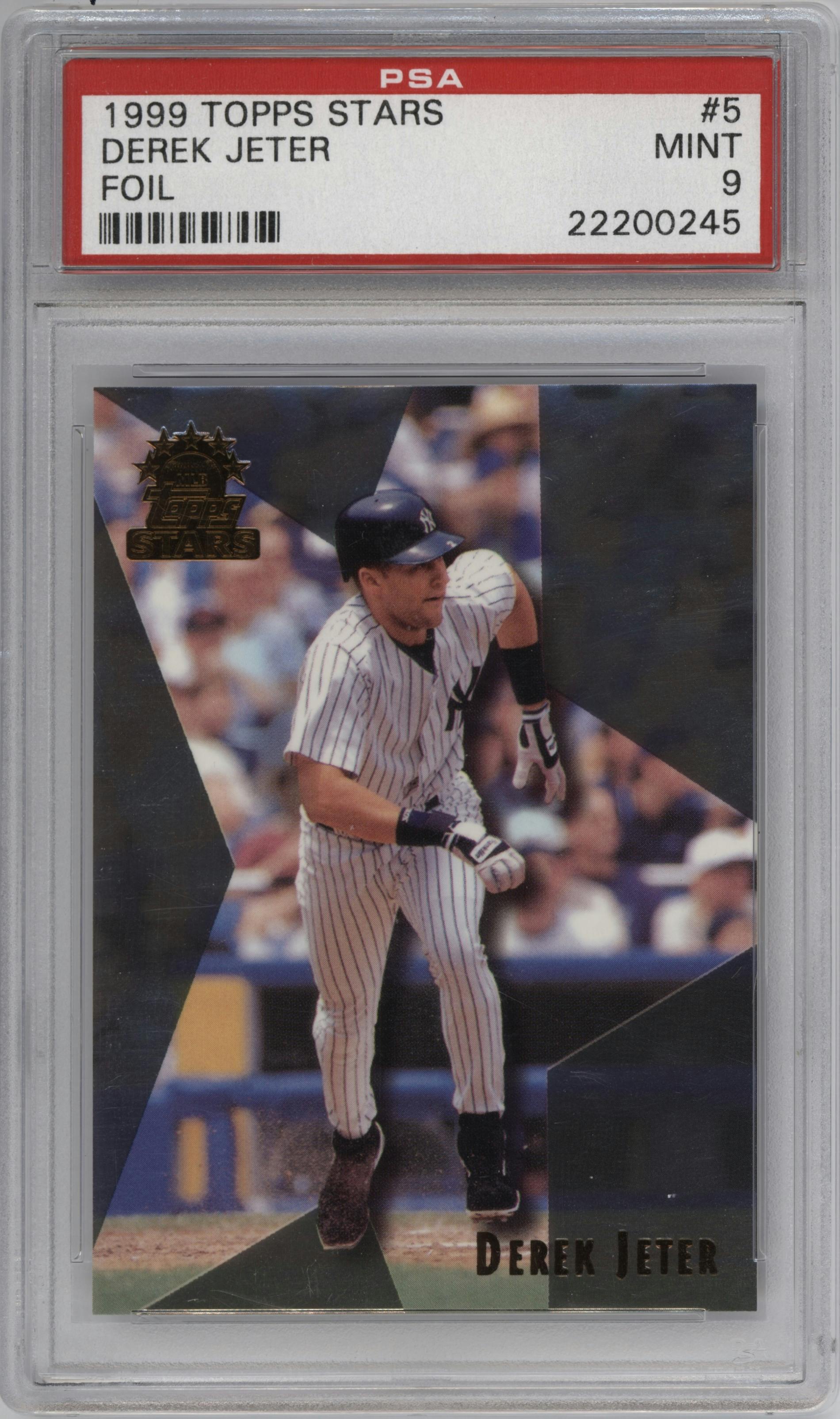 Derek Jeter from the 1999 Topps Stars set featuring a Foil parallel graded by PSA and given an overall grade of 9.