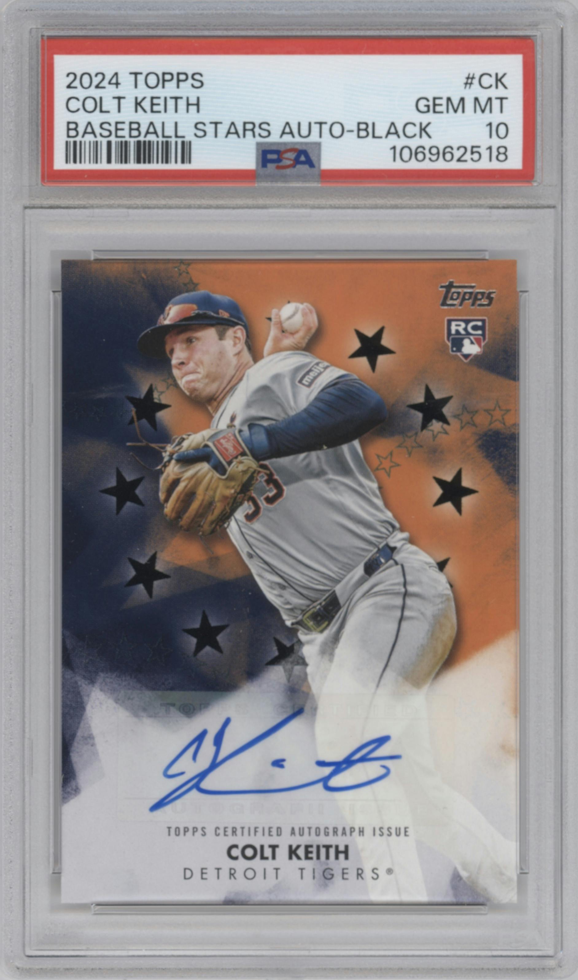 Colt Keith  from the 2024 Topps Update set featuring a Black parallel graded by PSA and given an overall grade of 10.